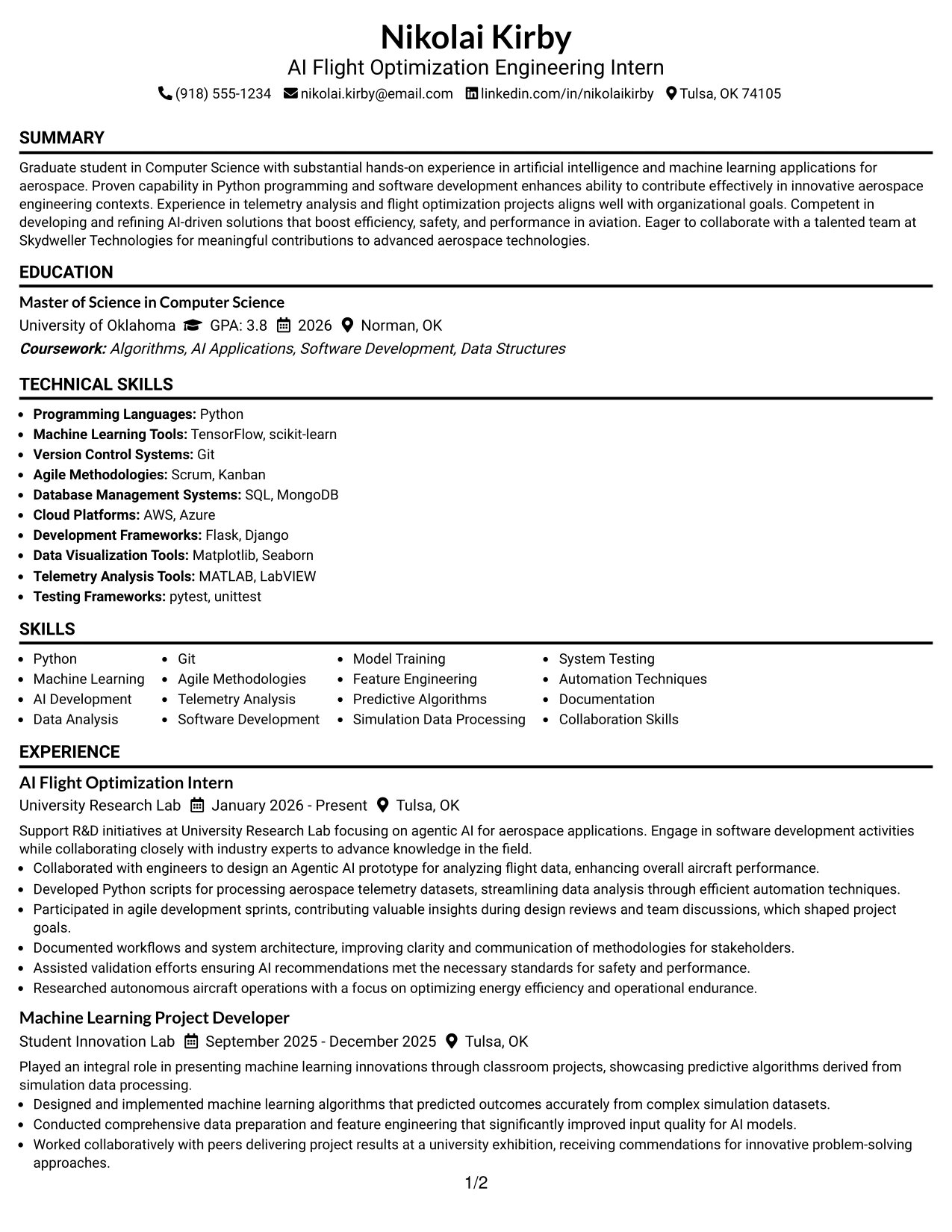 Resume Example Page 1
