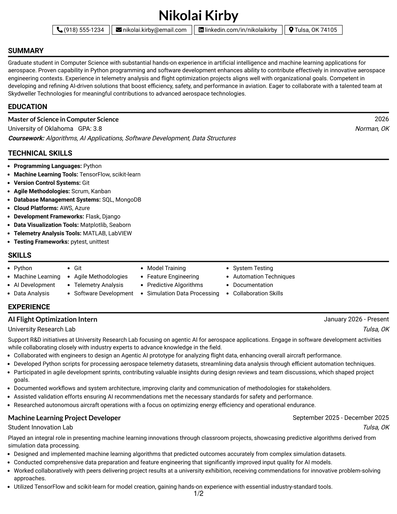 Resume Example Page 1