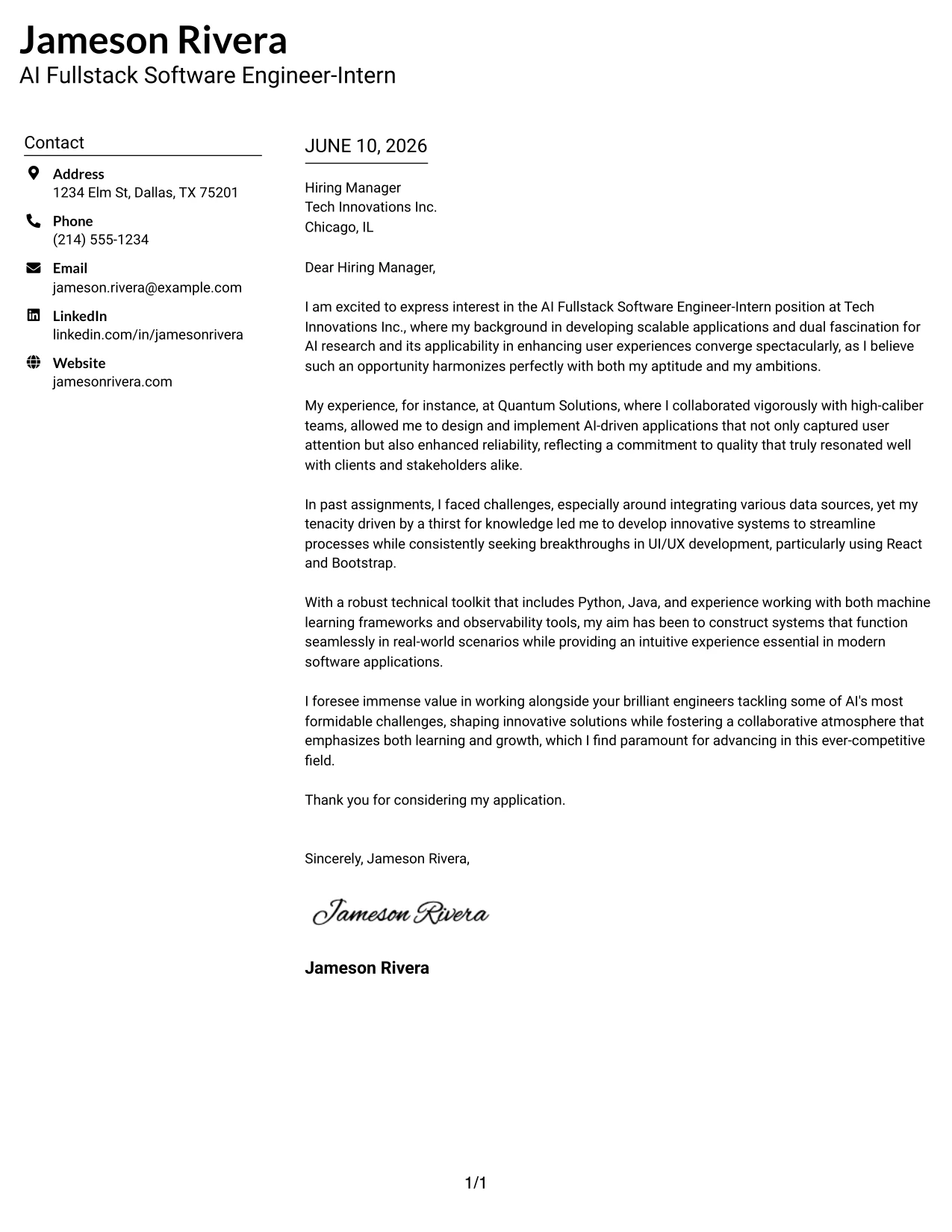 Resume Example Page 1