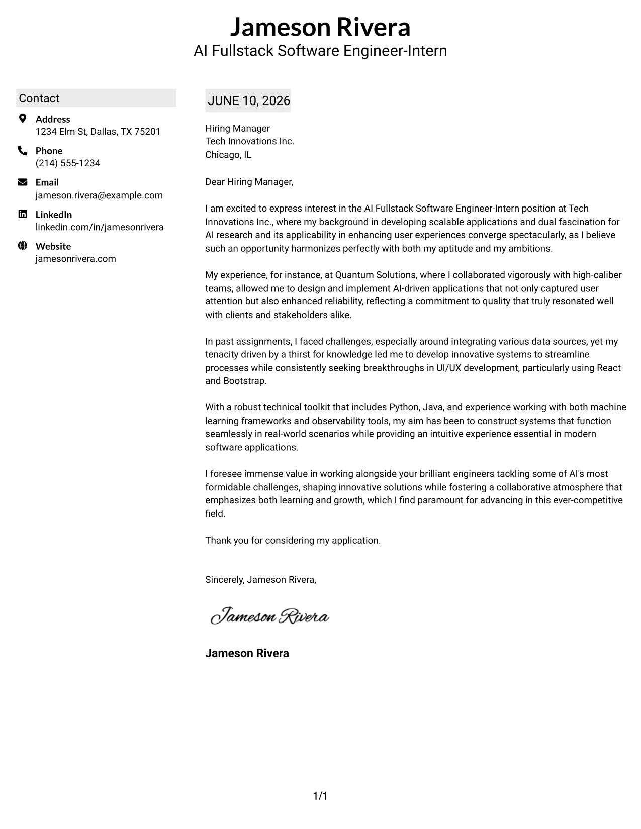 Resume Example Page 1