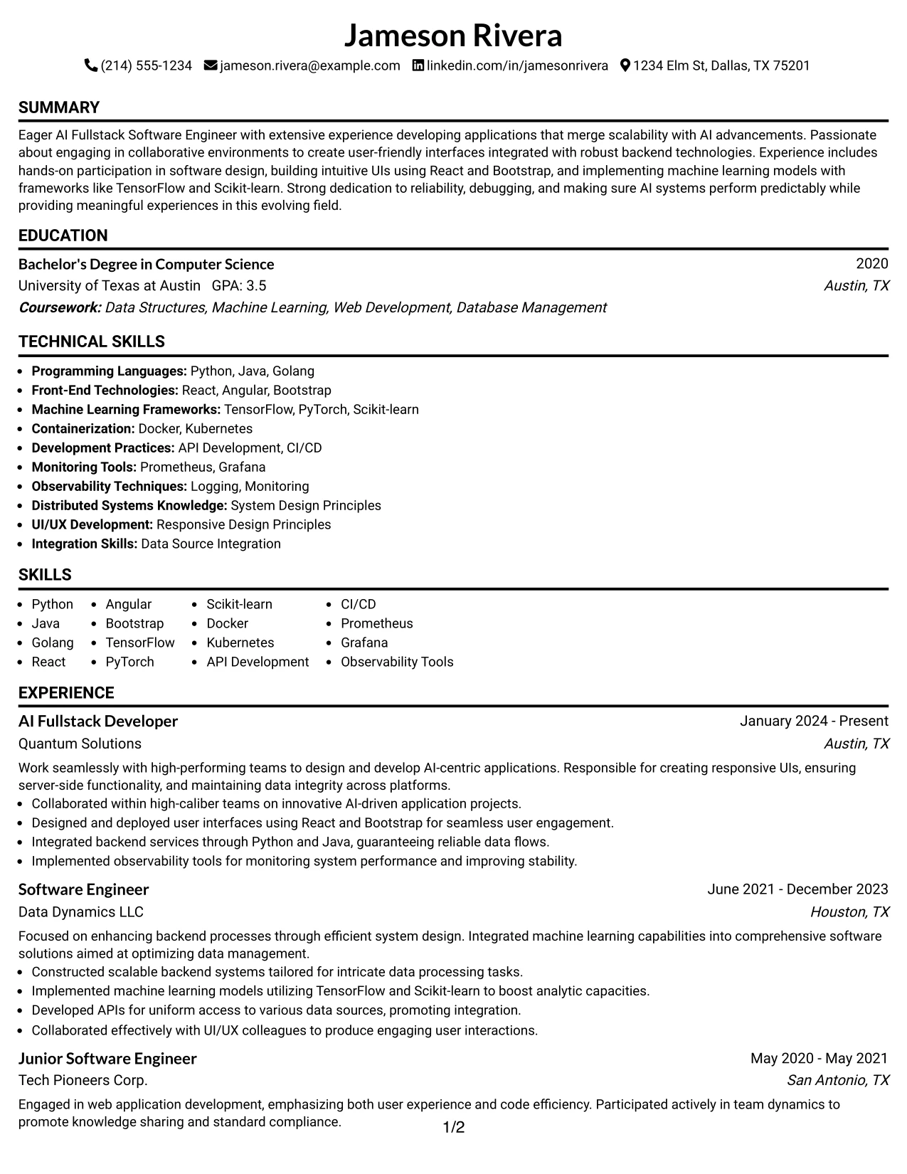 Resume Example Page 1