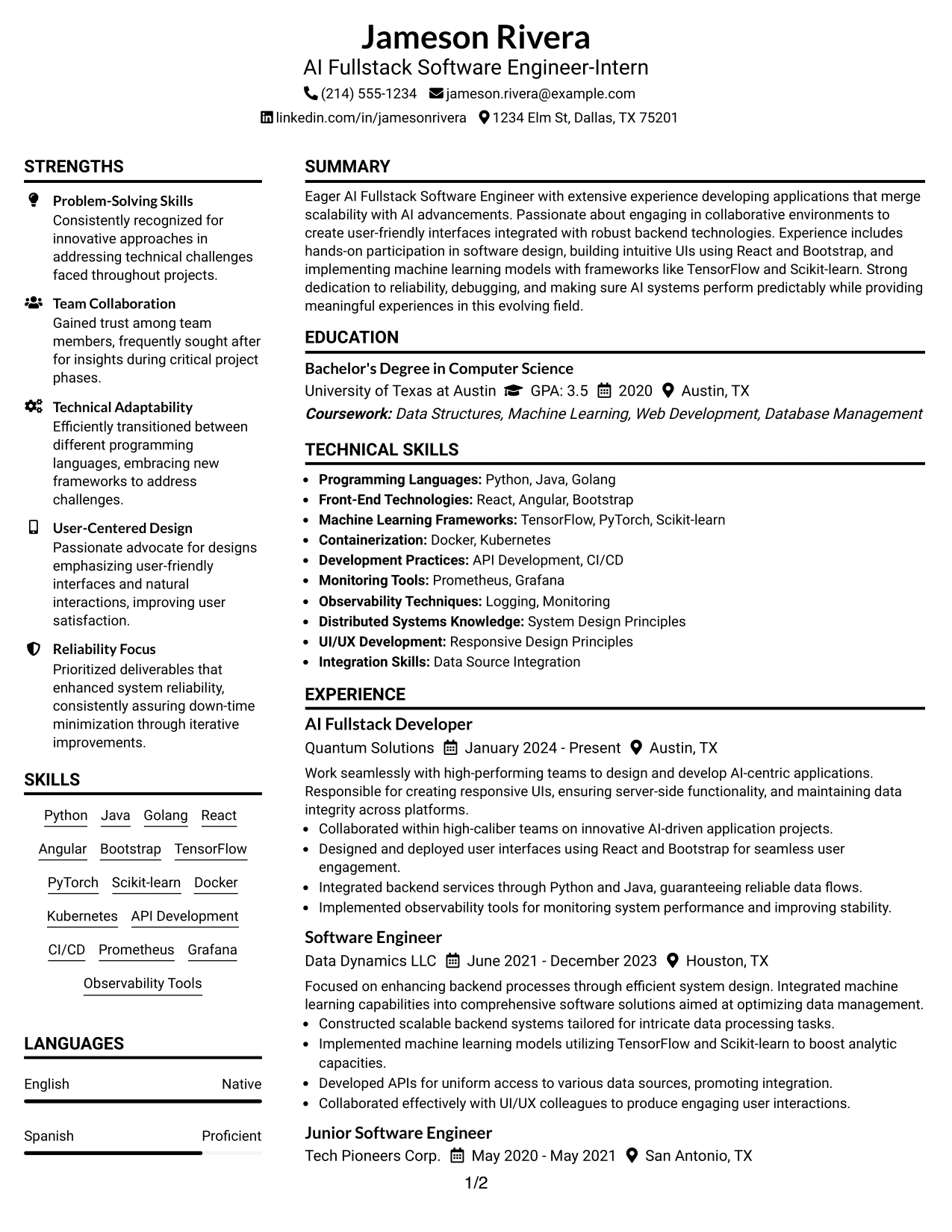 Resume Example Page 1