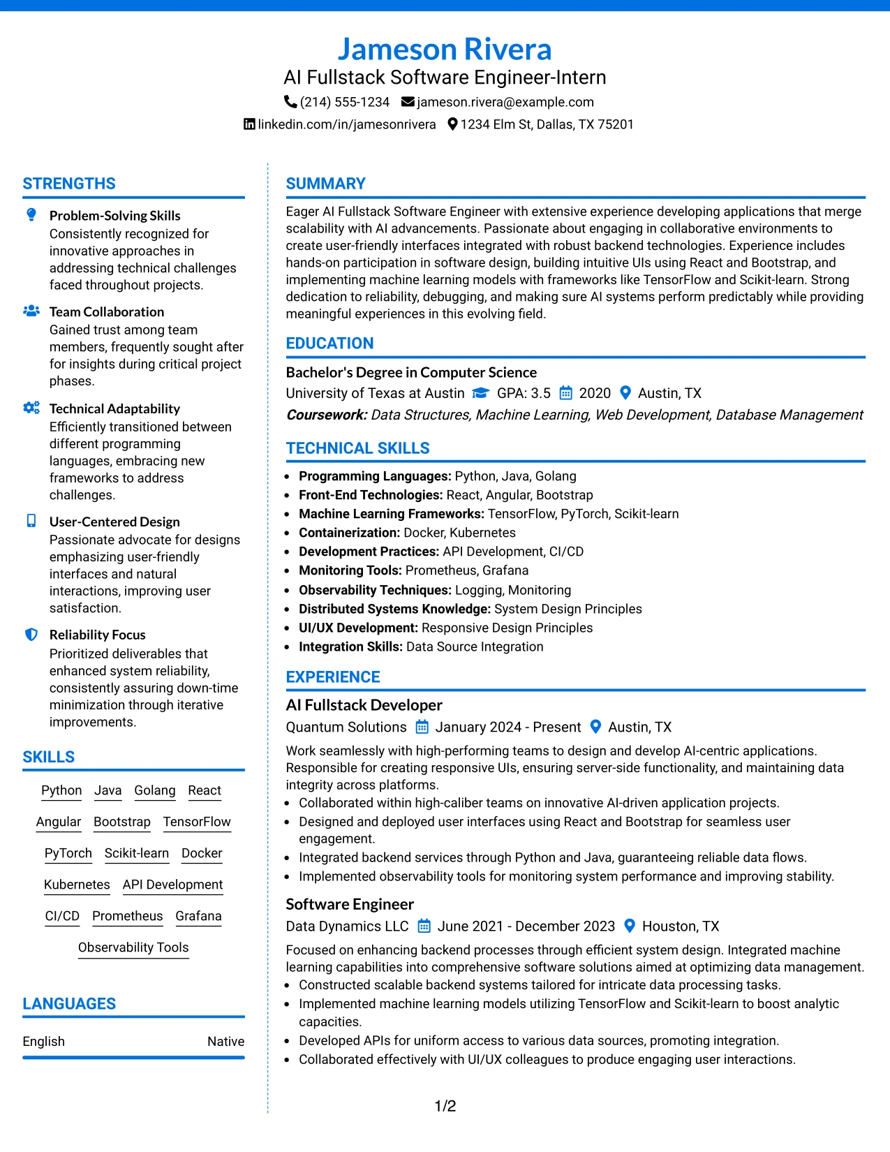 Resume Example Page 1