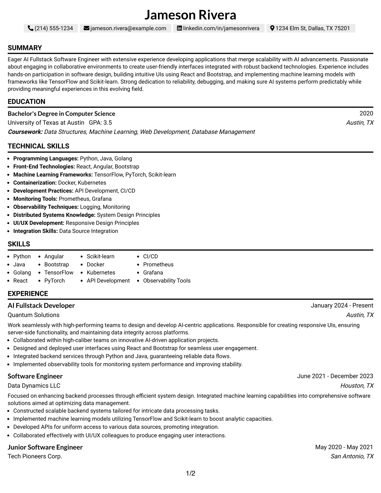 Resume Example Page 1