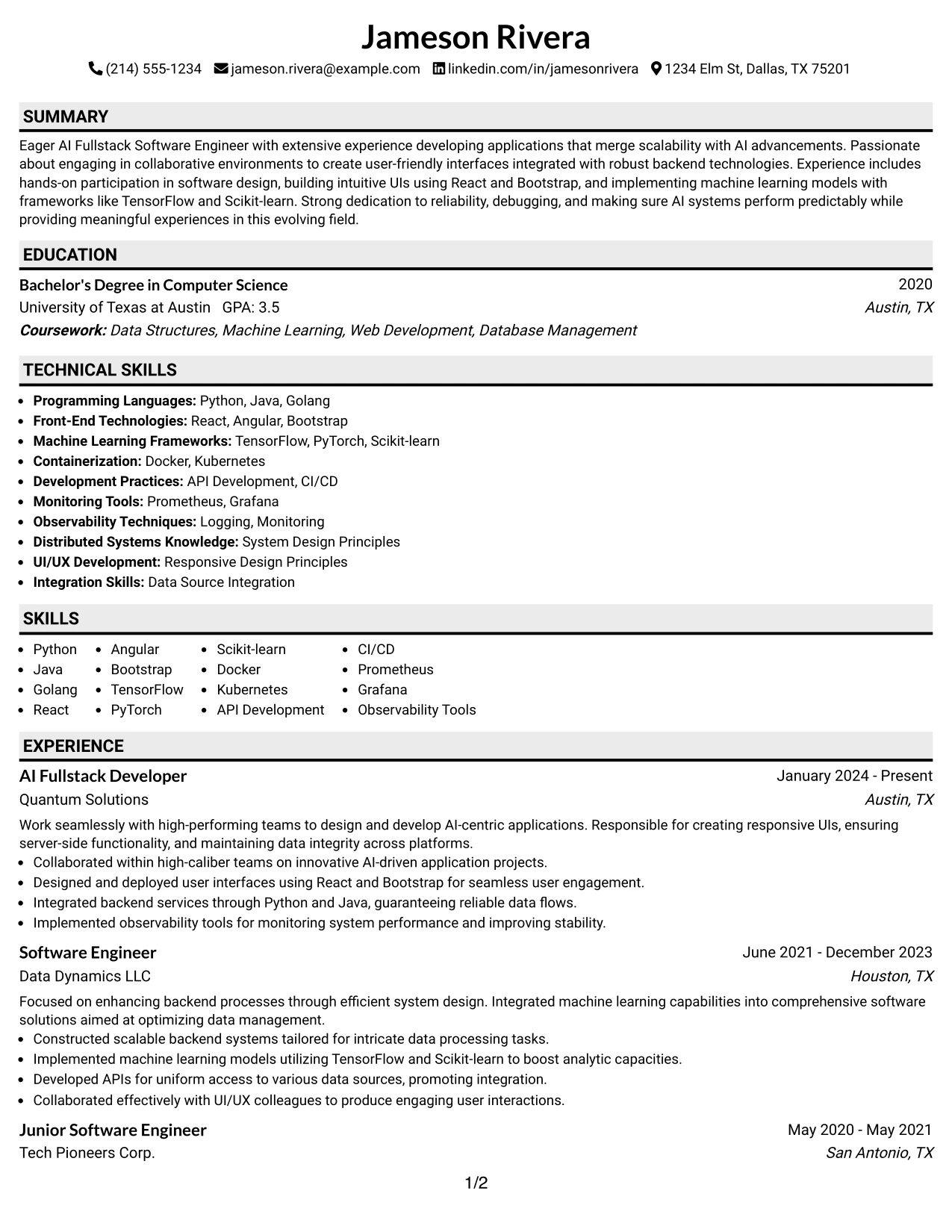 Resume Example Page 1
