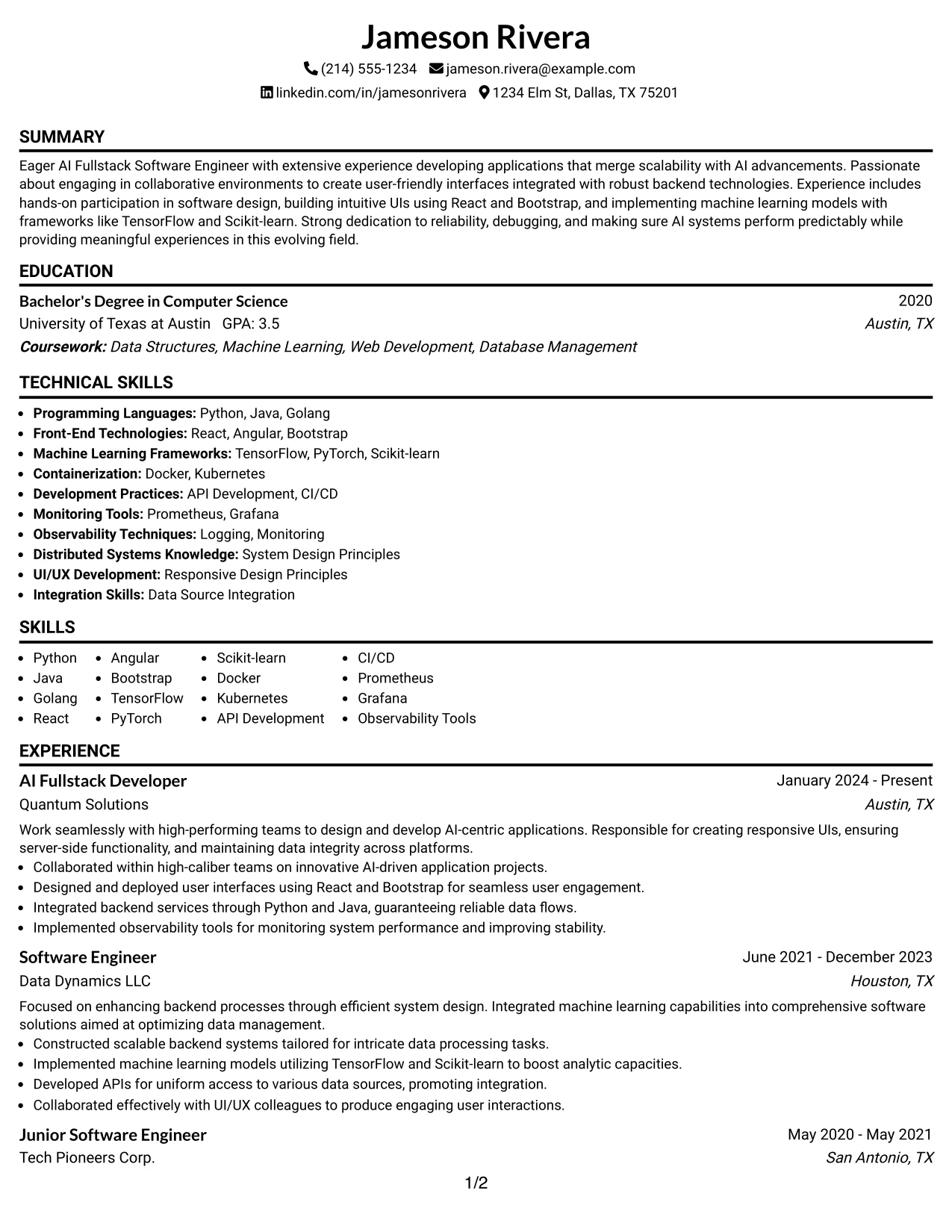 Resume Example Page 1