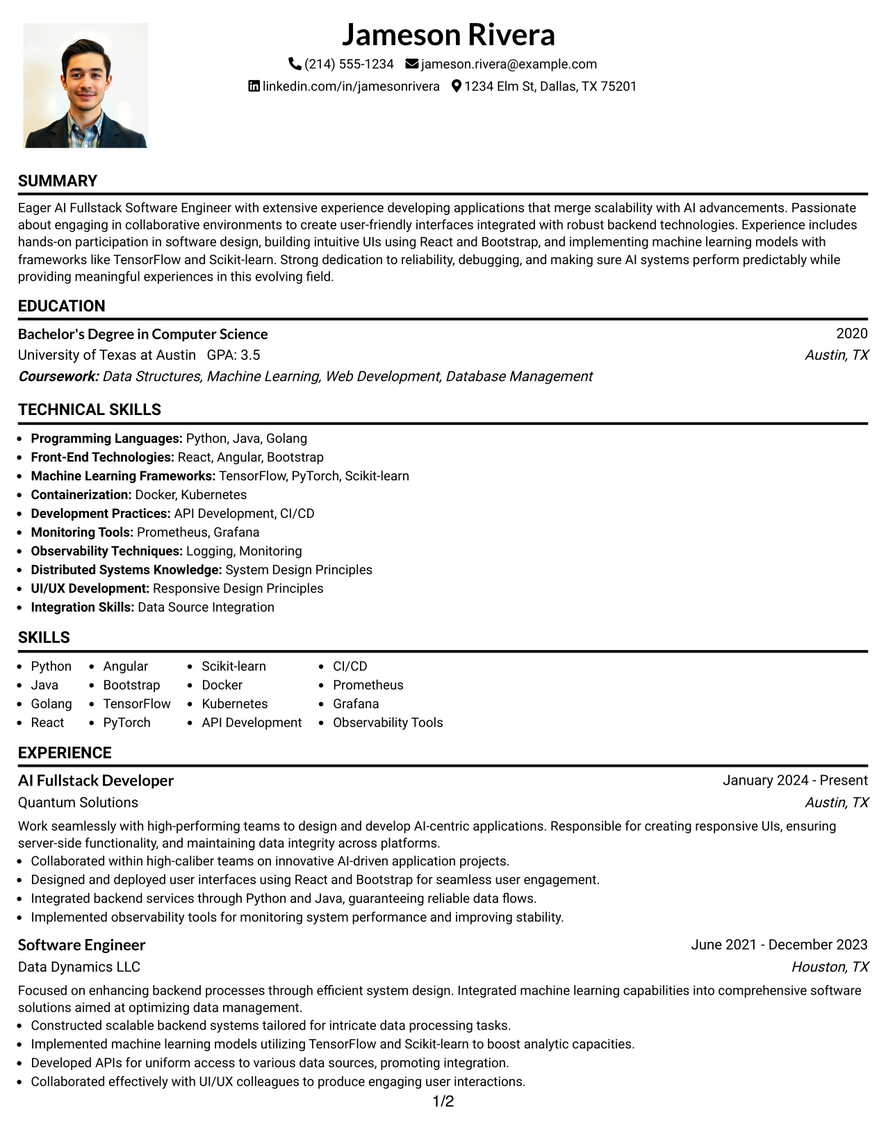 Resume Example Page 1