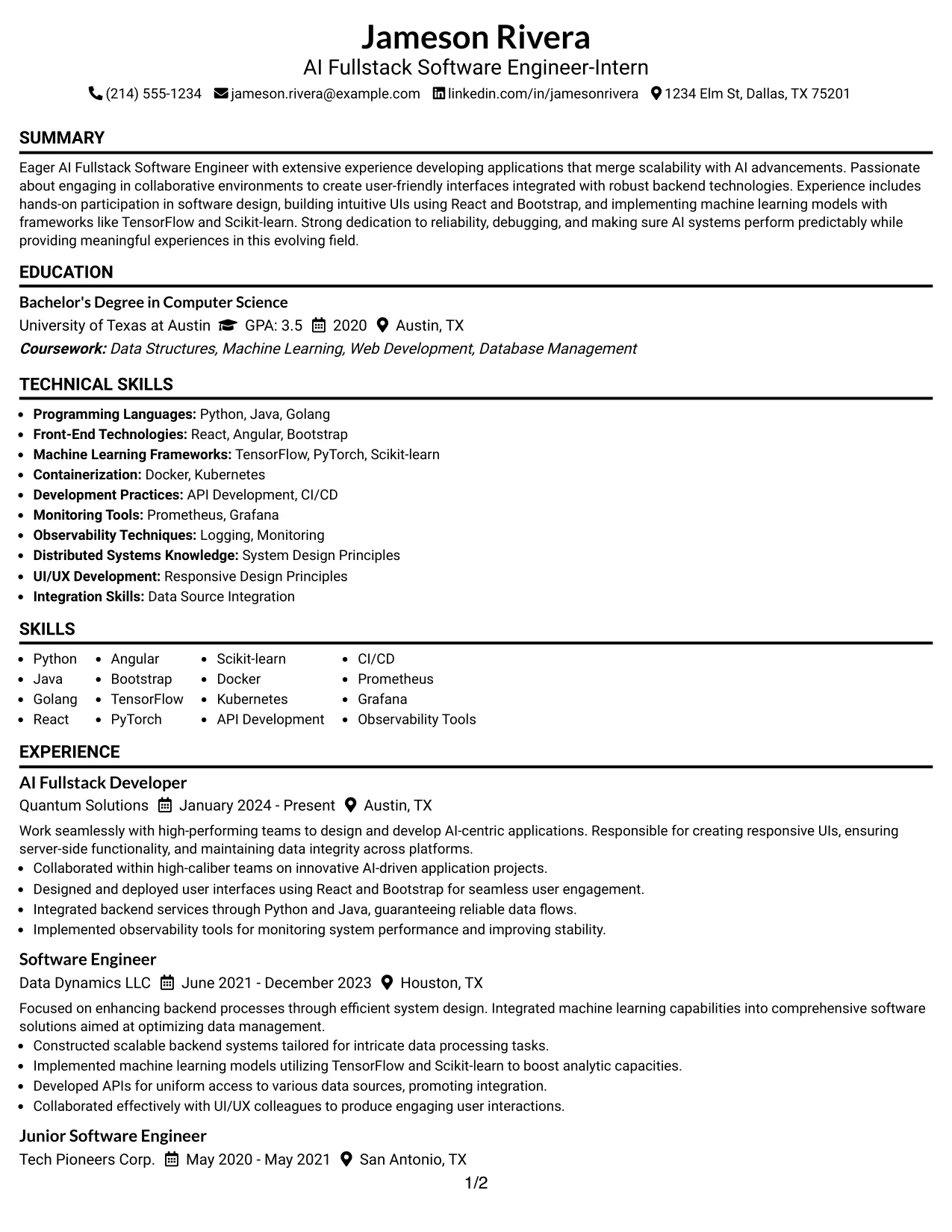 Resume Example Page 1