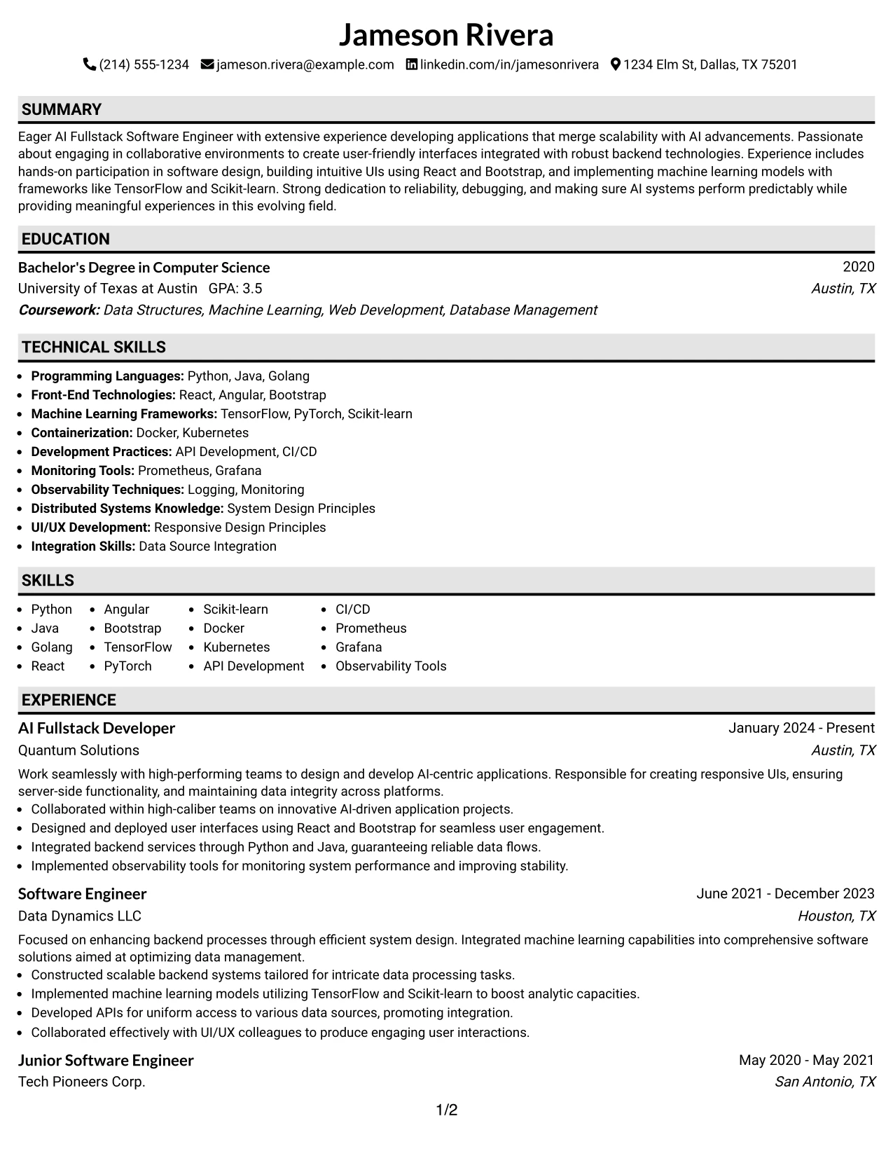 Resume Example Page 1