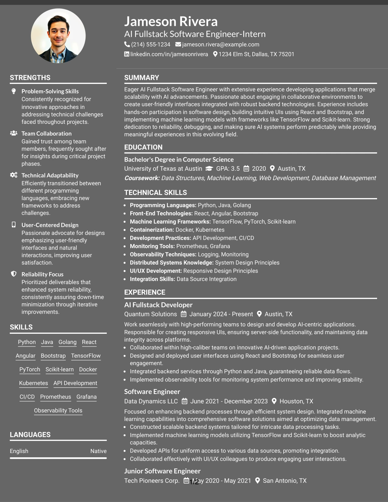 Resume Example Page 1