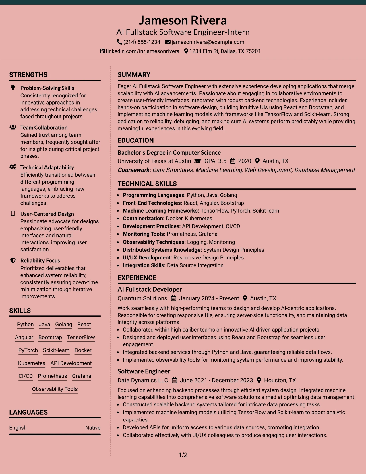 Resume Example Page 1