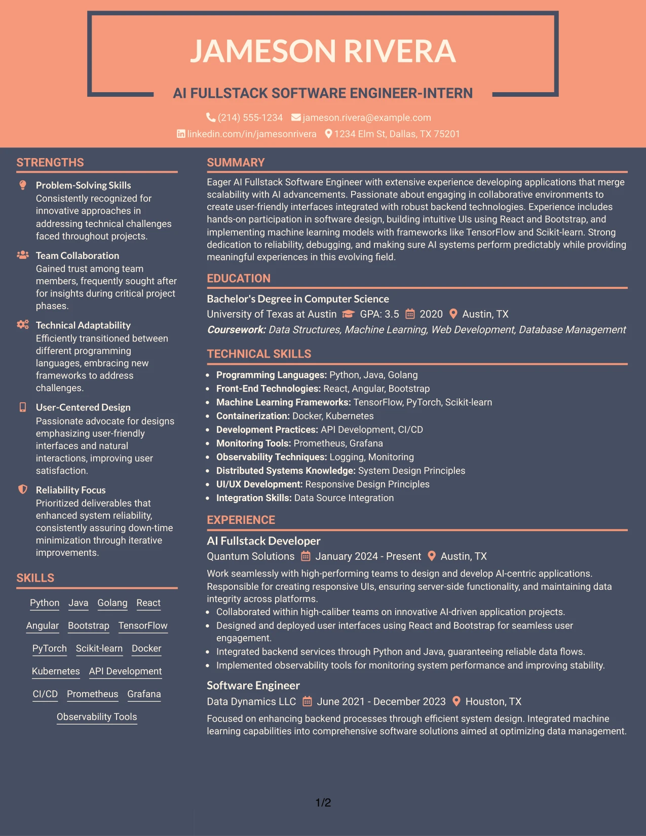 Resume Example Page 1