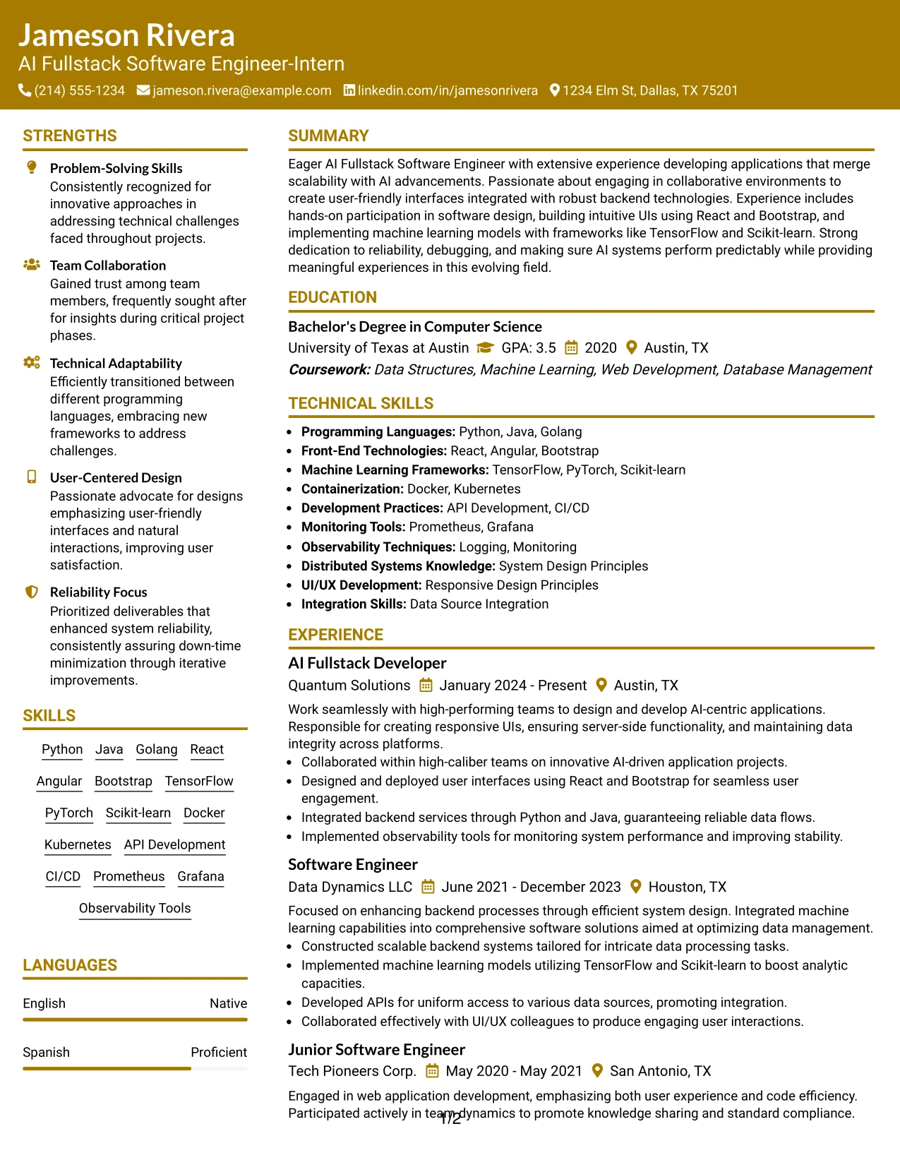 Resume Example Page 1
