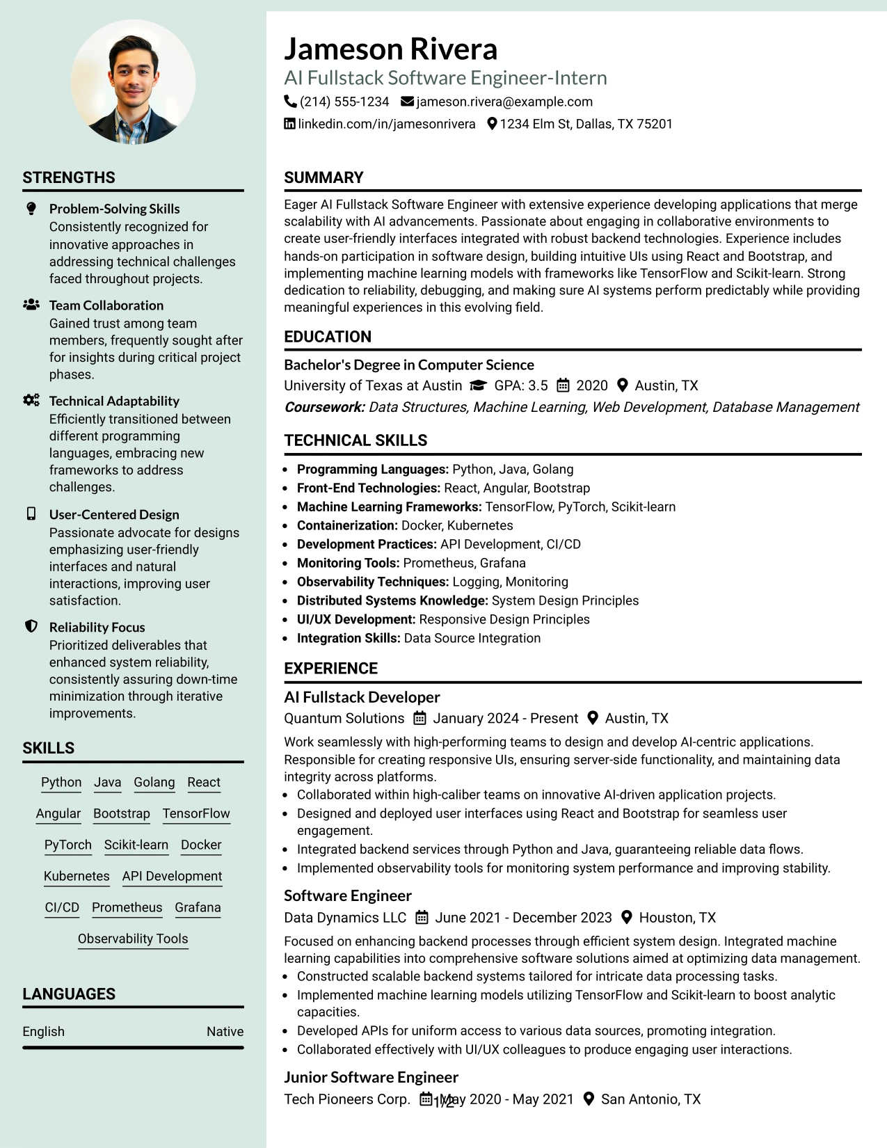 Resume Example Page 1