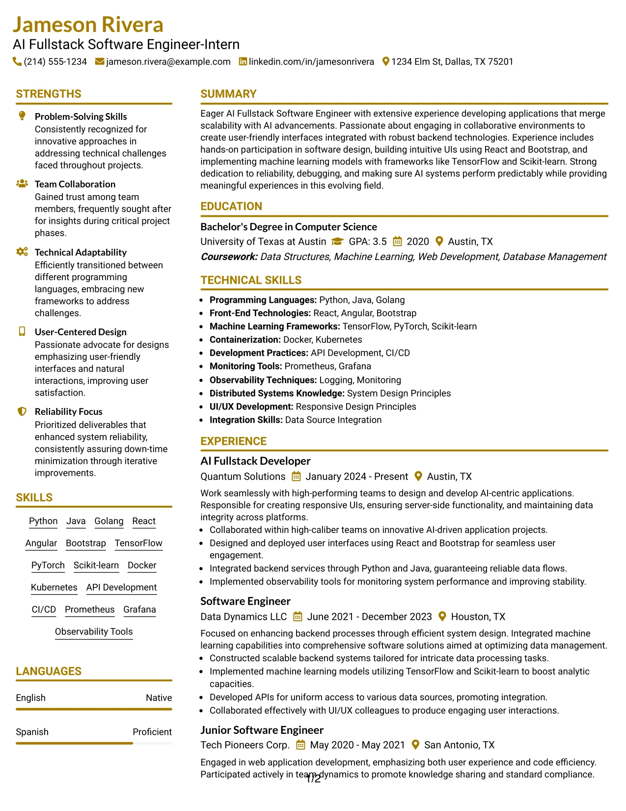 Resume Example Page 1