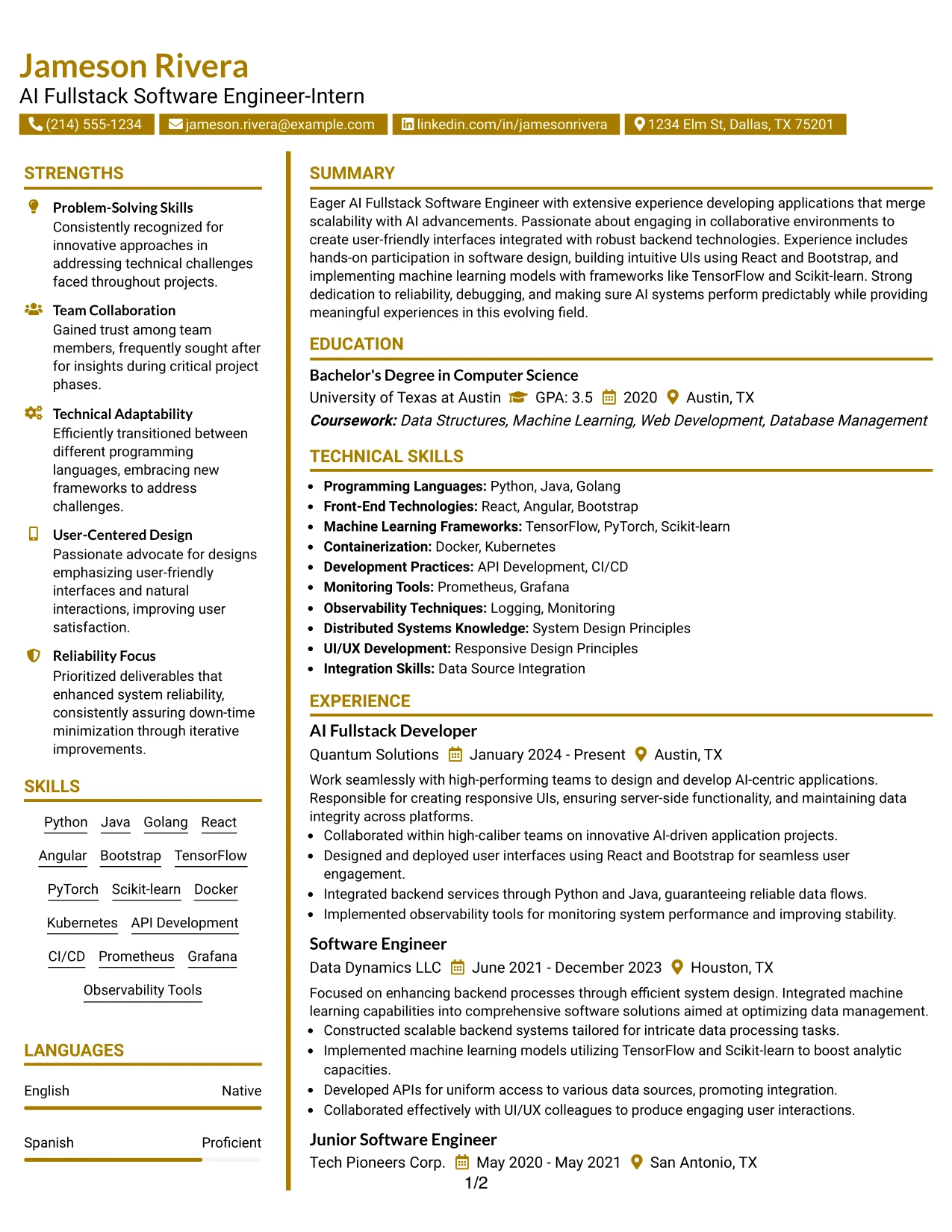Resume Example Page 1
