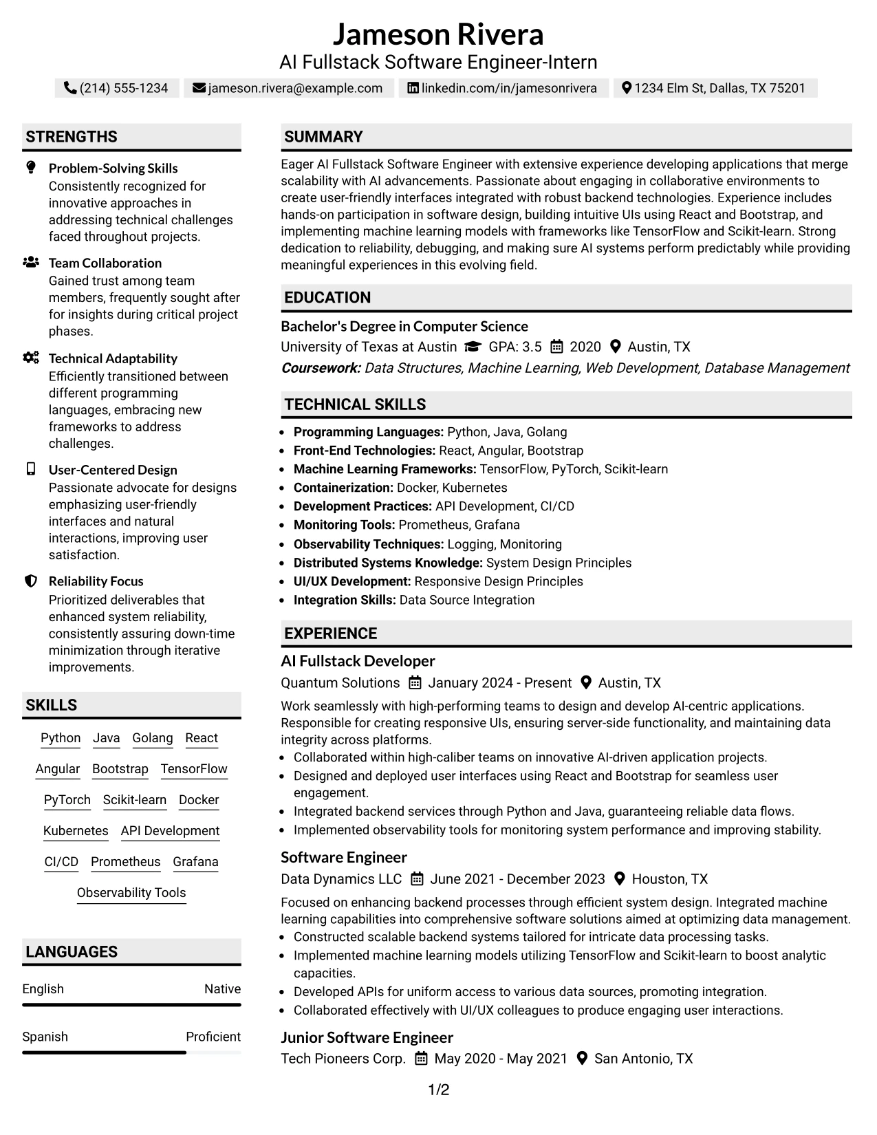 Resume Example Page 1