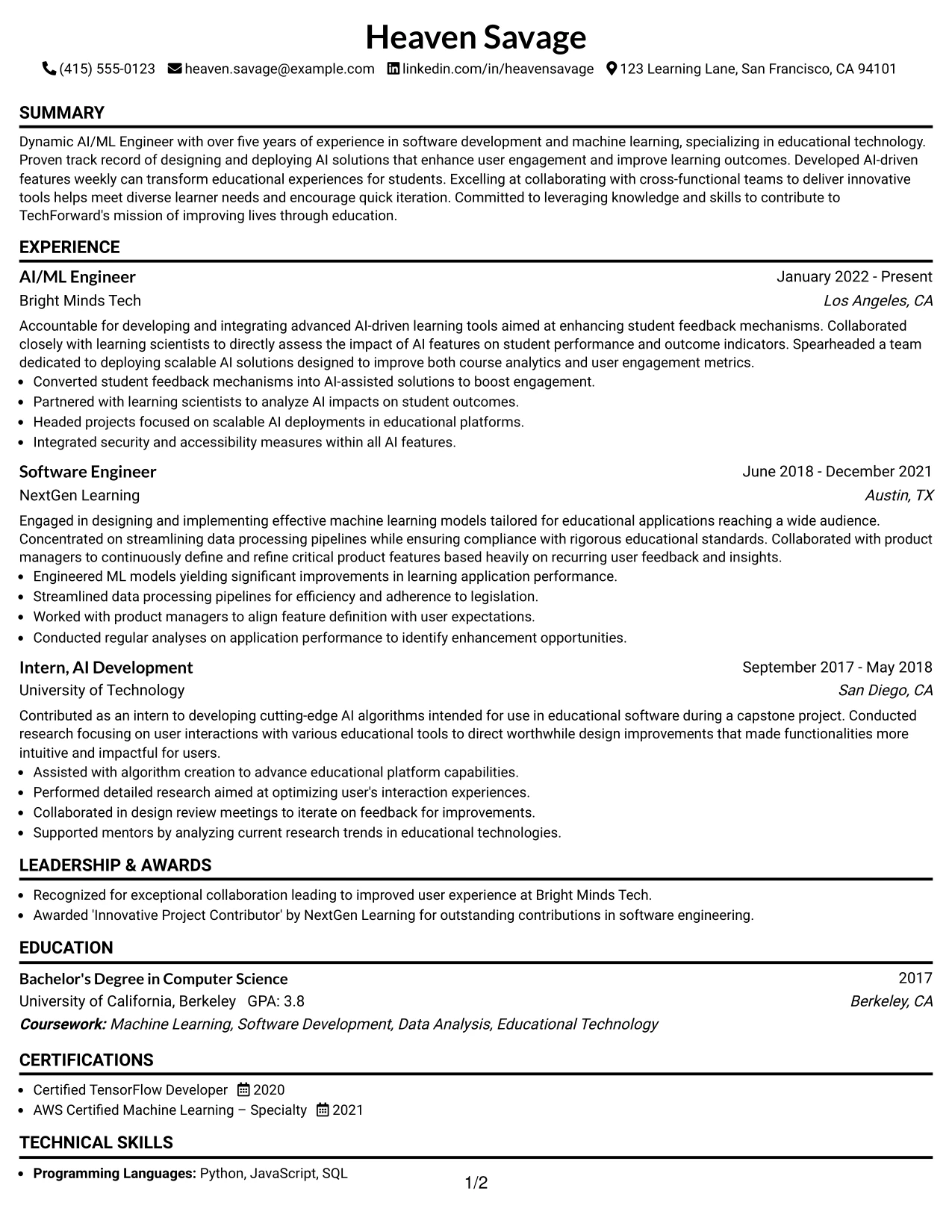 Resume Example Page 1