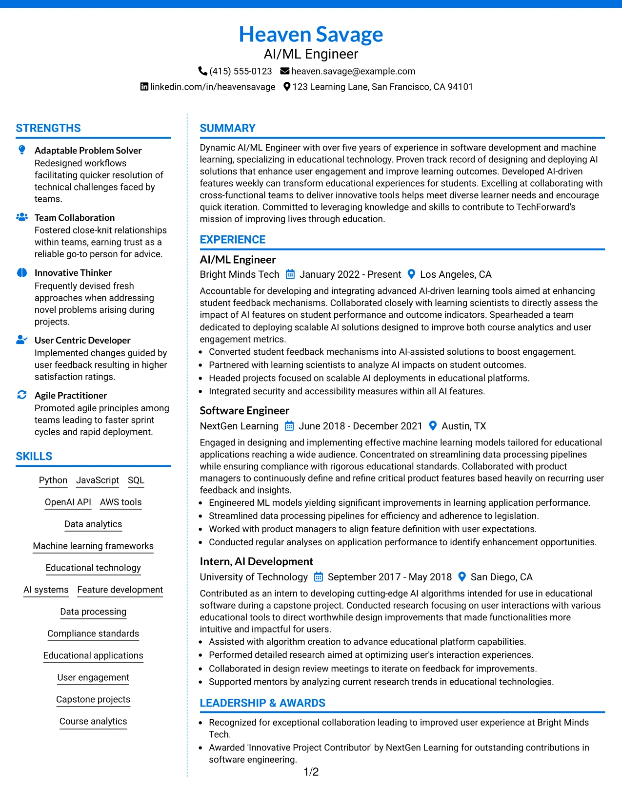 Resume Example Page 1