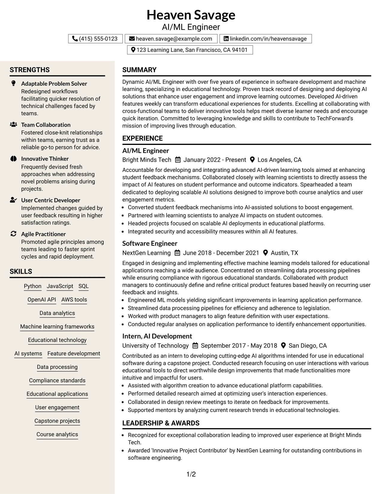 Resume Example Page 1