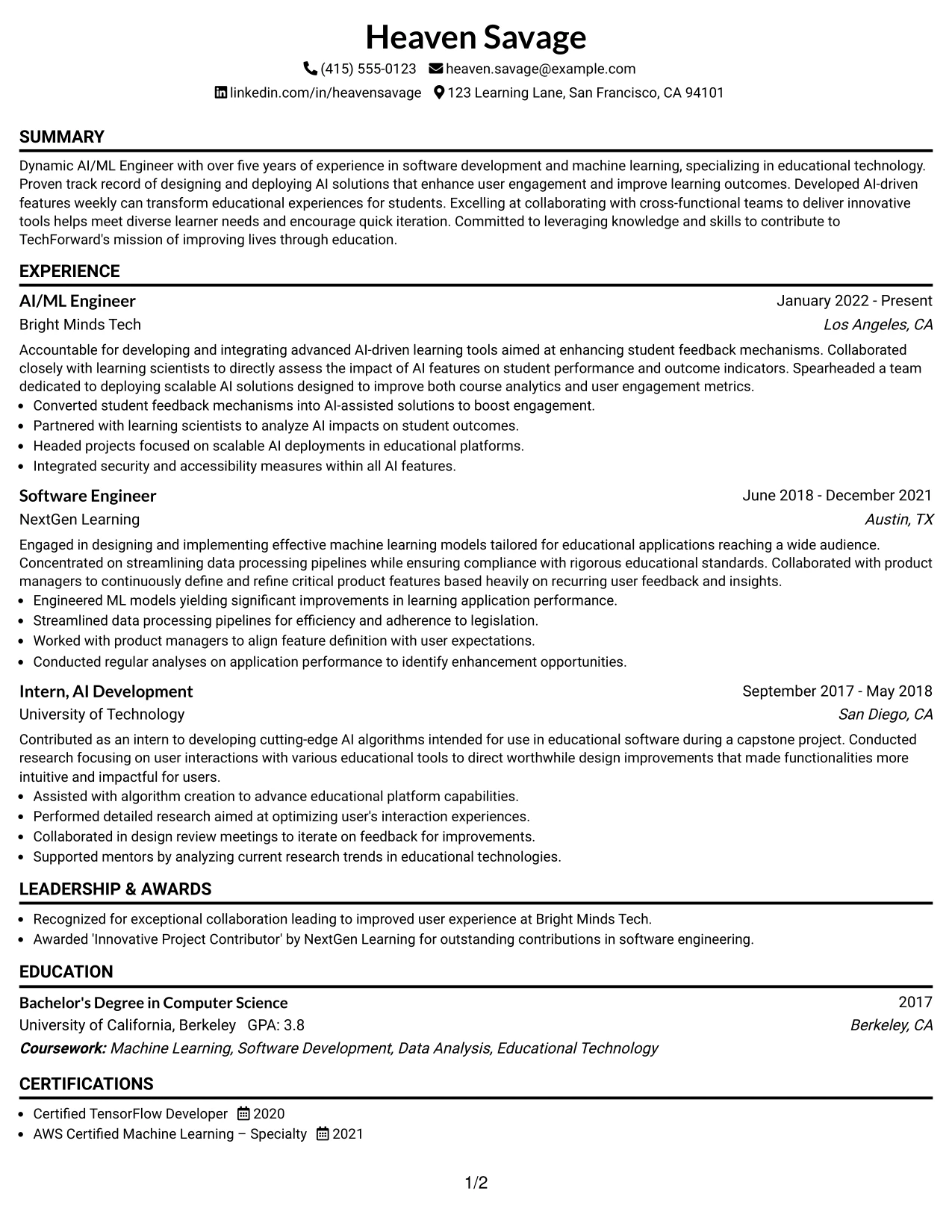 Resume Example Page 1