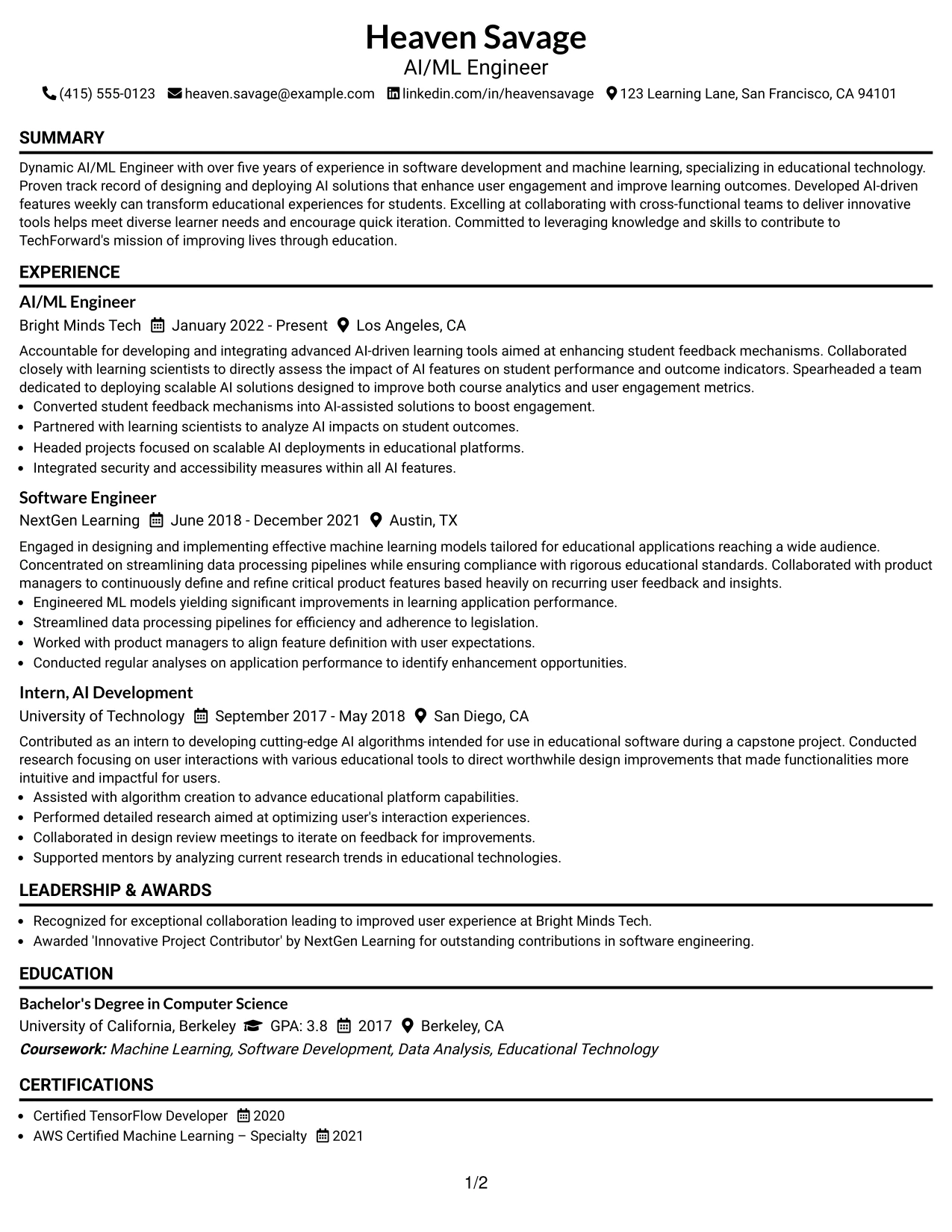 Resume Example Page 1