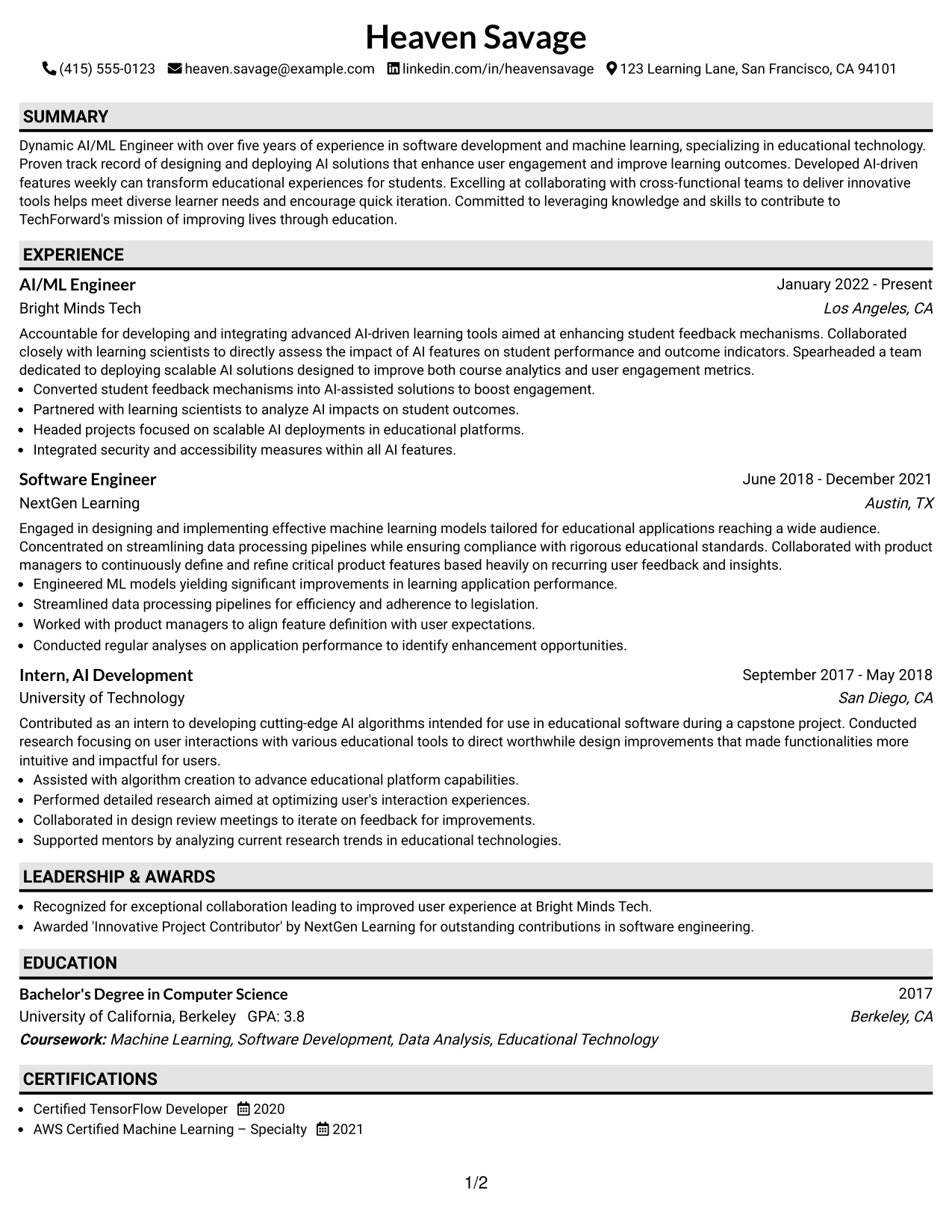 Resume Example Page 1