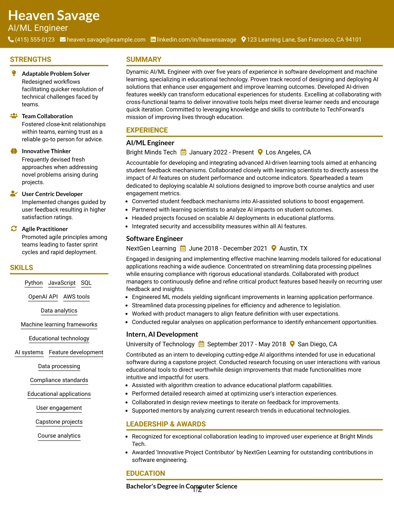 Resume Example Page 1