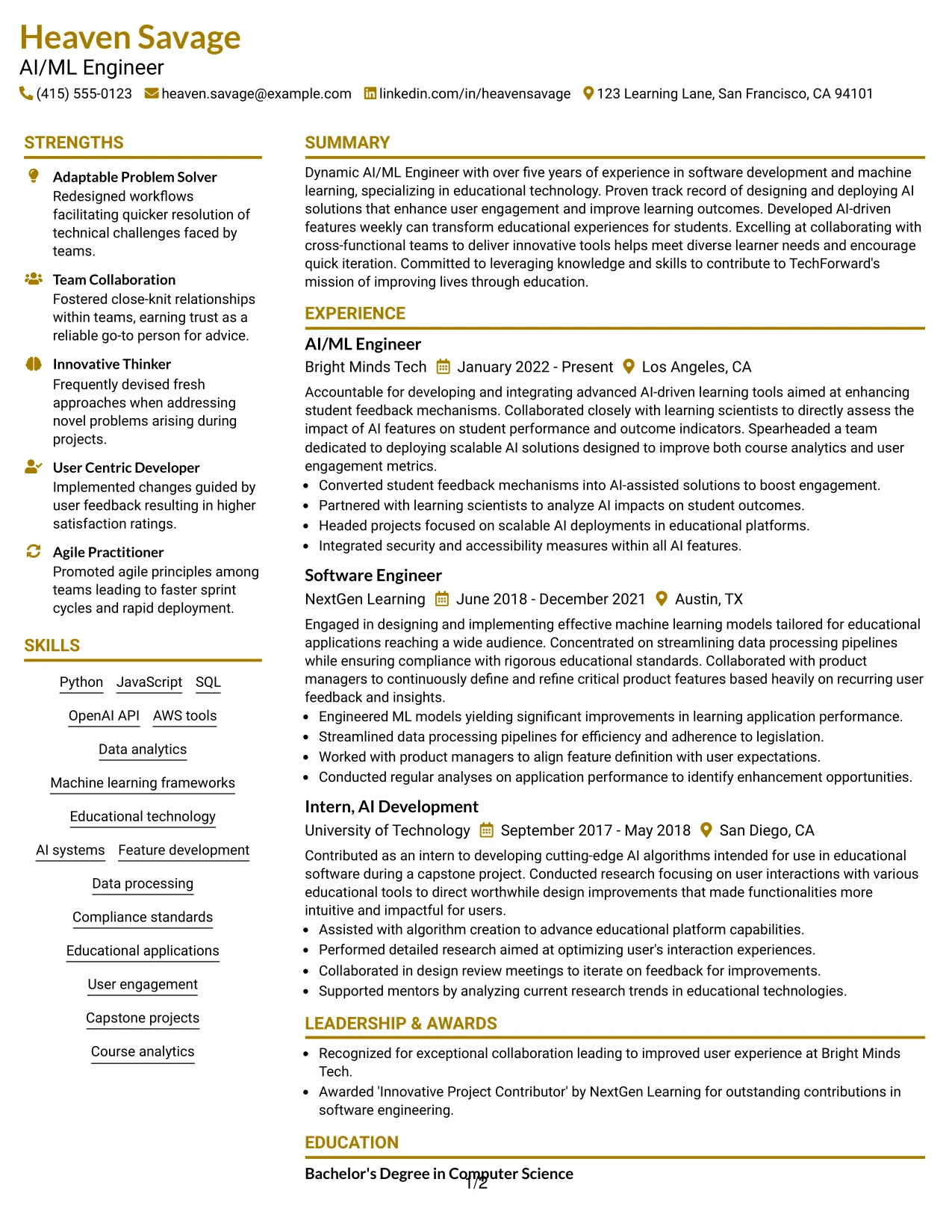 Resume Example Page 1