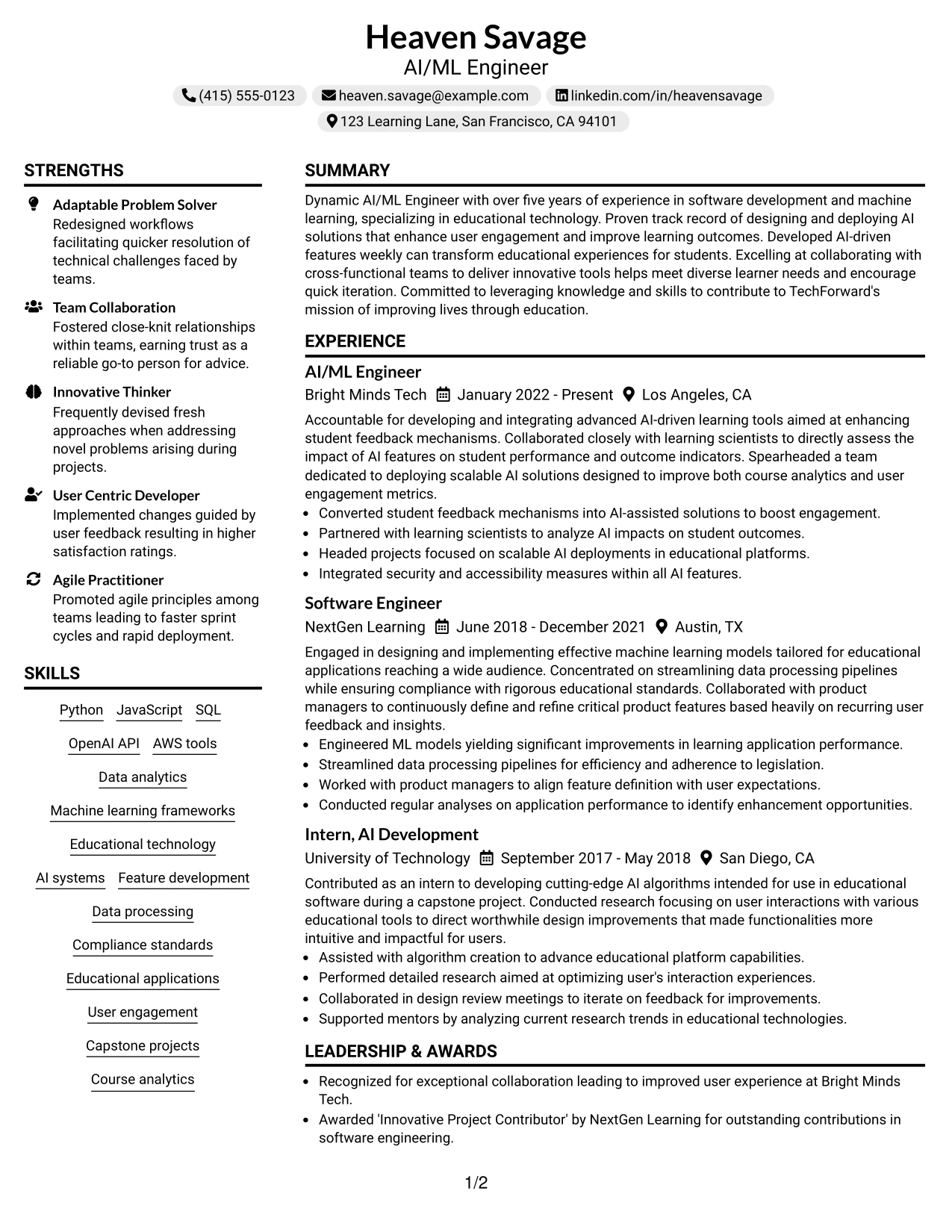 Resume Example Page 1