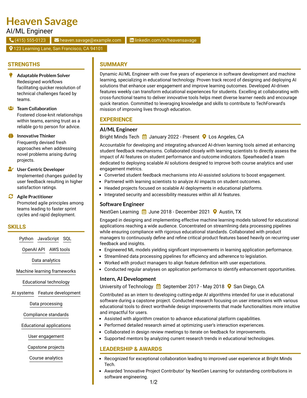 Resume Example Page 1