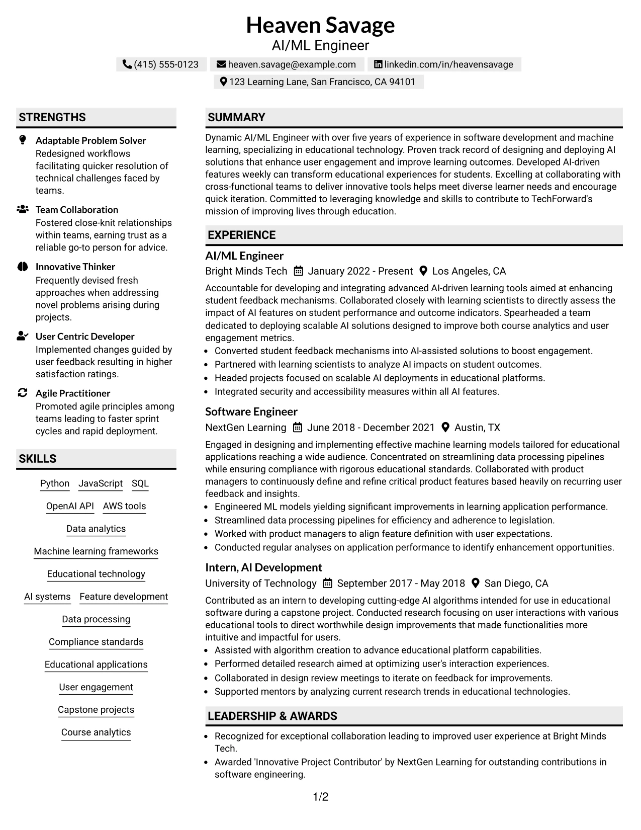Resume Example Page 1