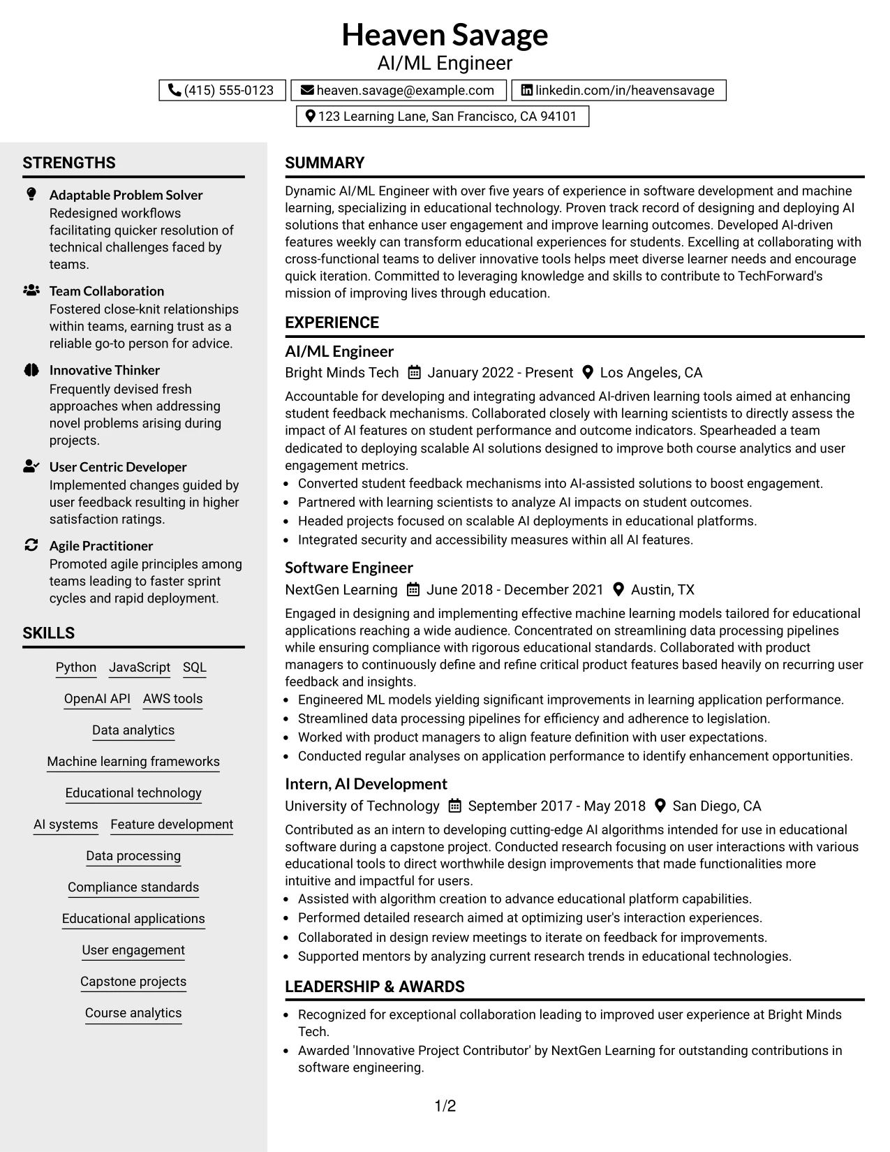 Resume Example Page 1