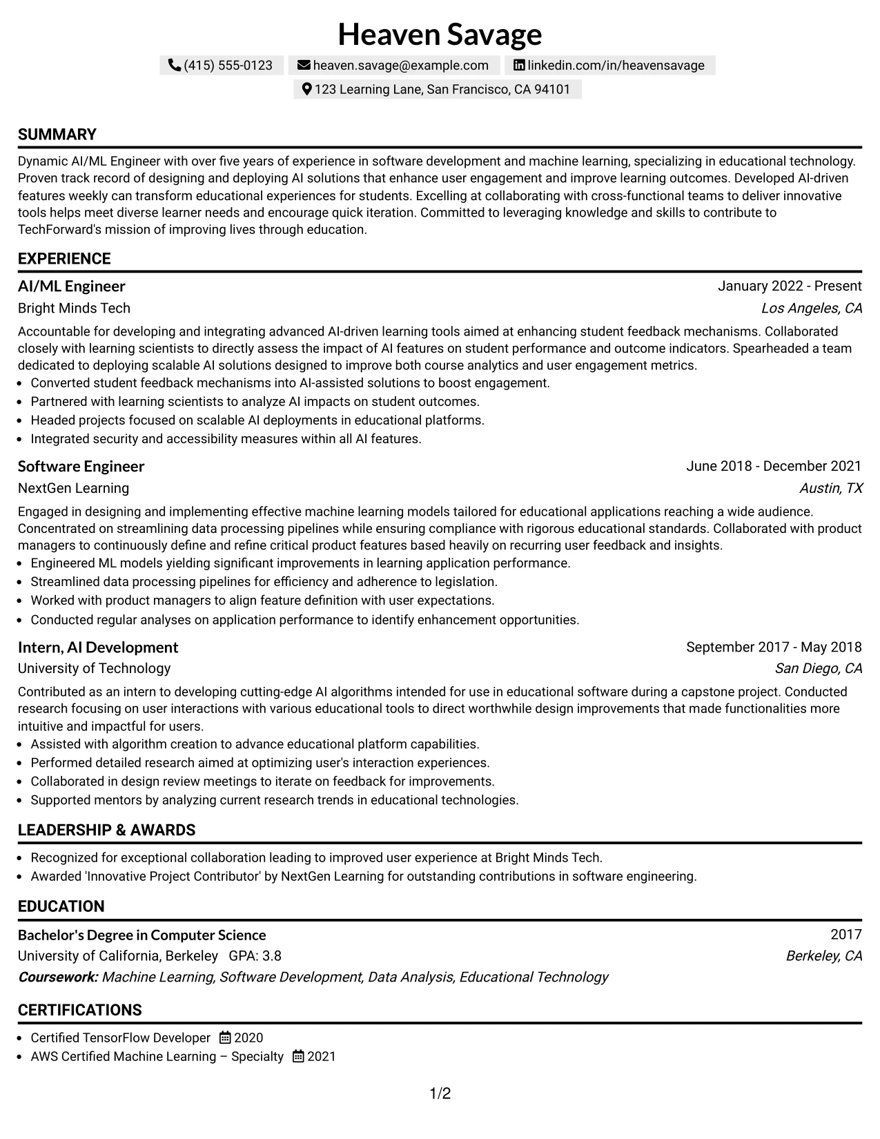 Resume Example Page 1