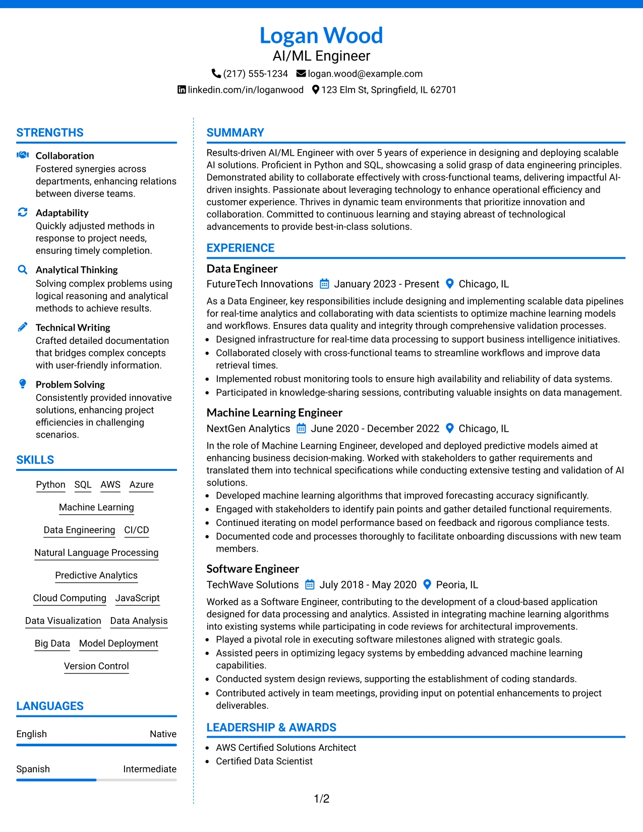 Resume Example Page 1