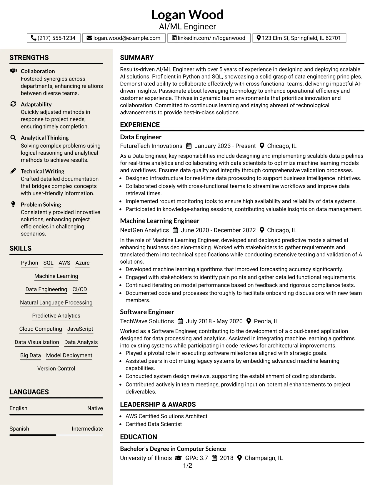 Resume Example Page 1