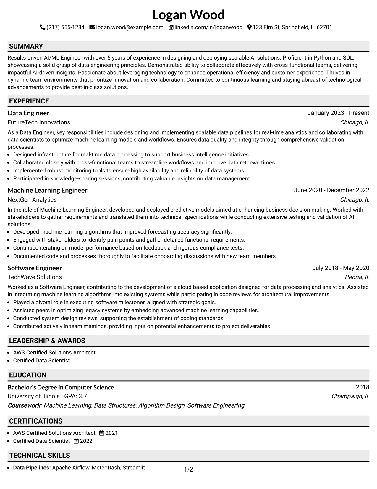 Resume Example Page 1