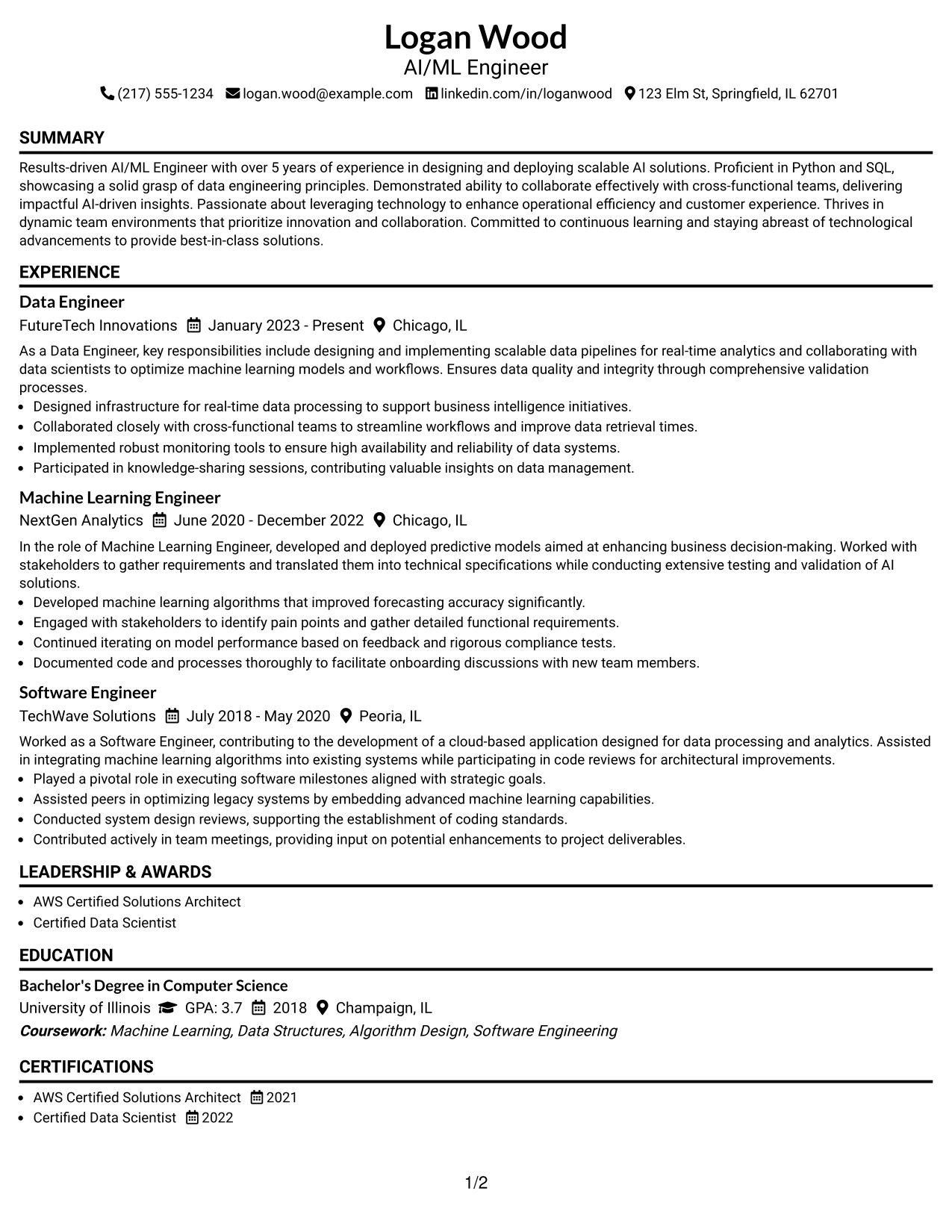Resume Example Page 1