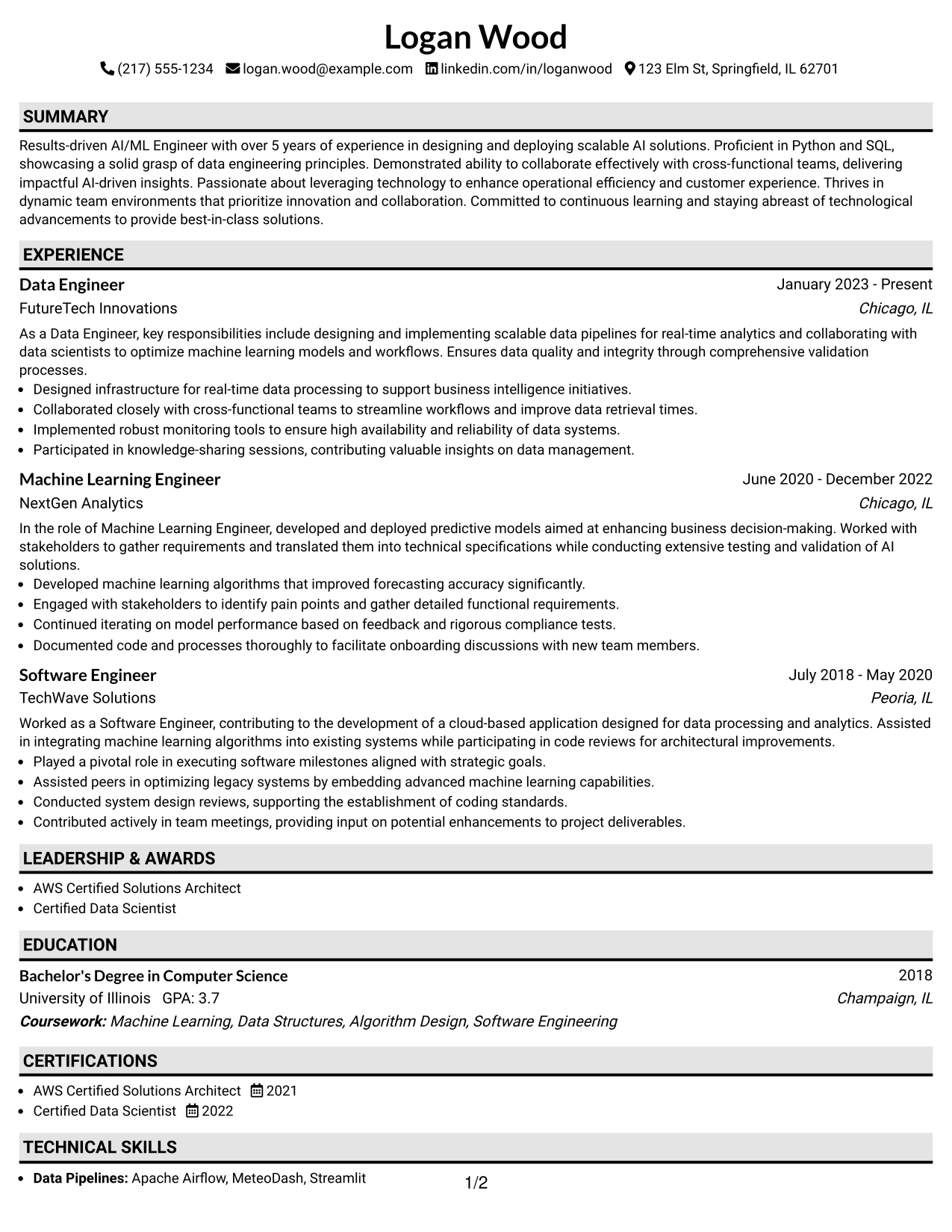 Resume Example Page 1