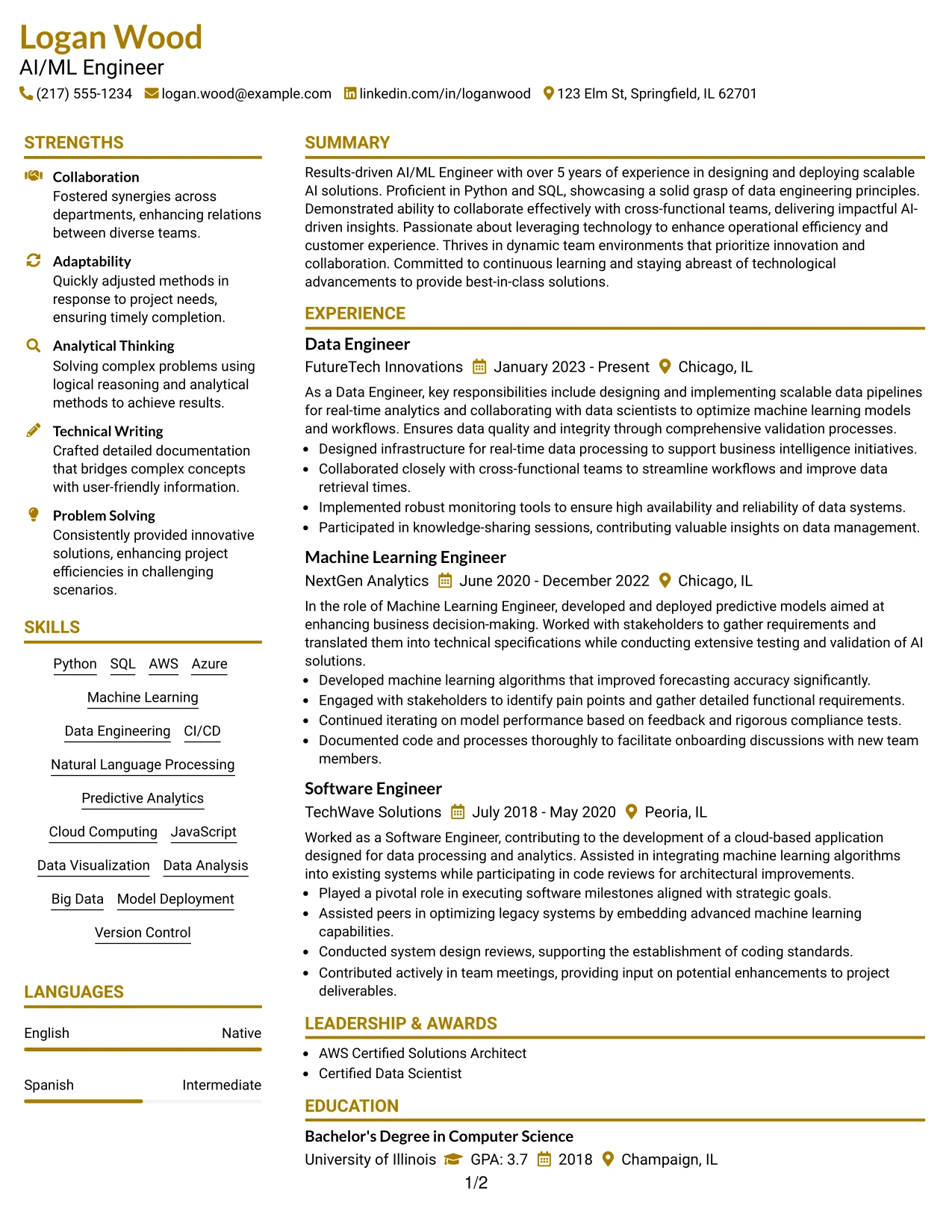 Resume Example Page 1