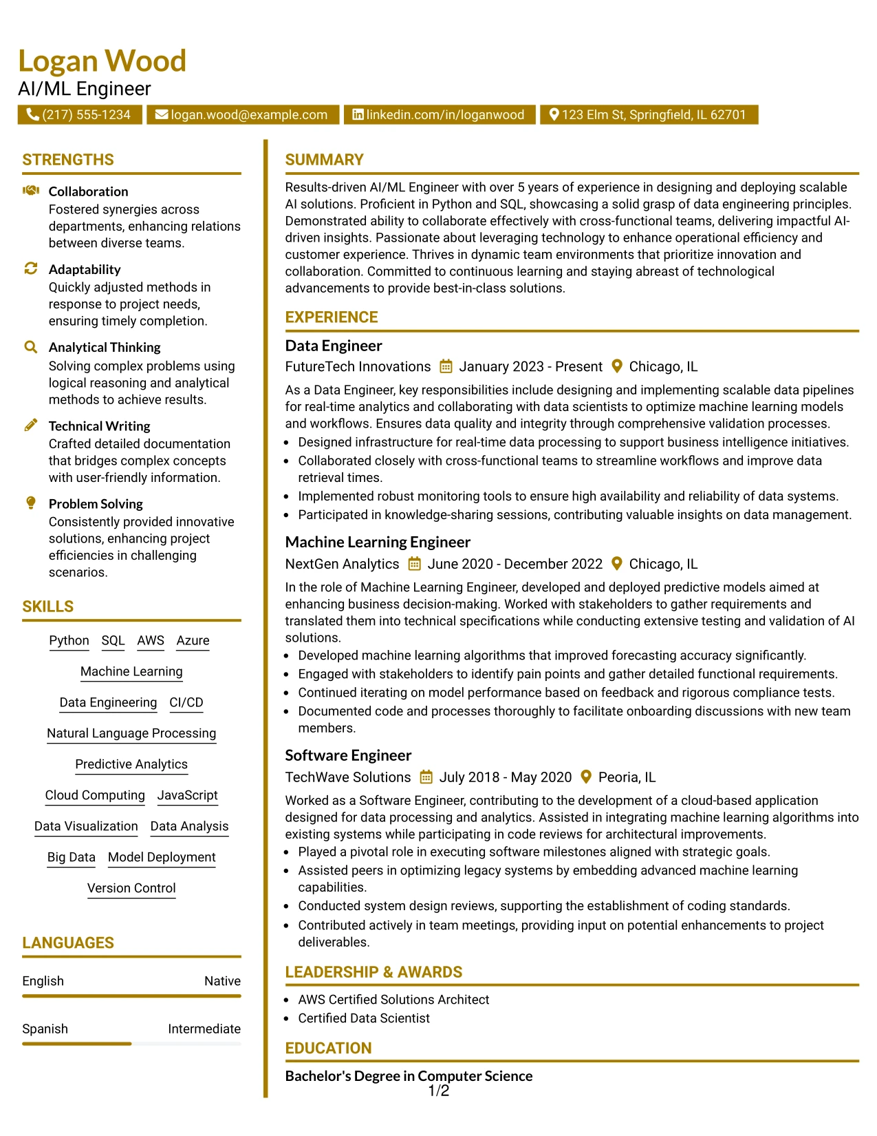 Resume Example Page 1