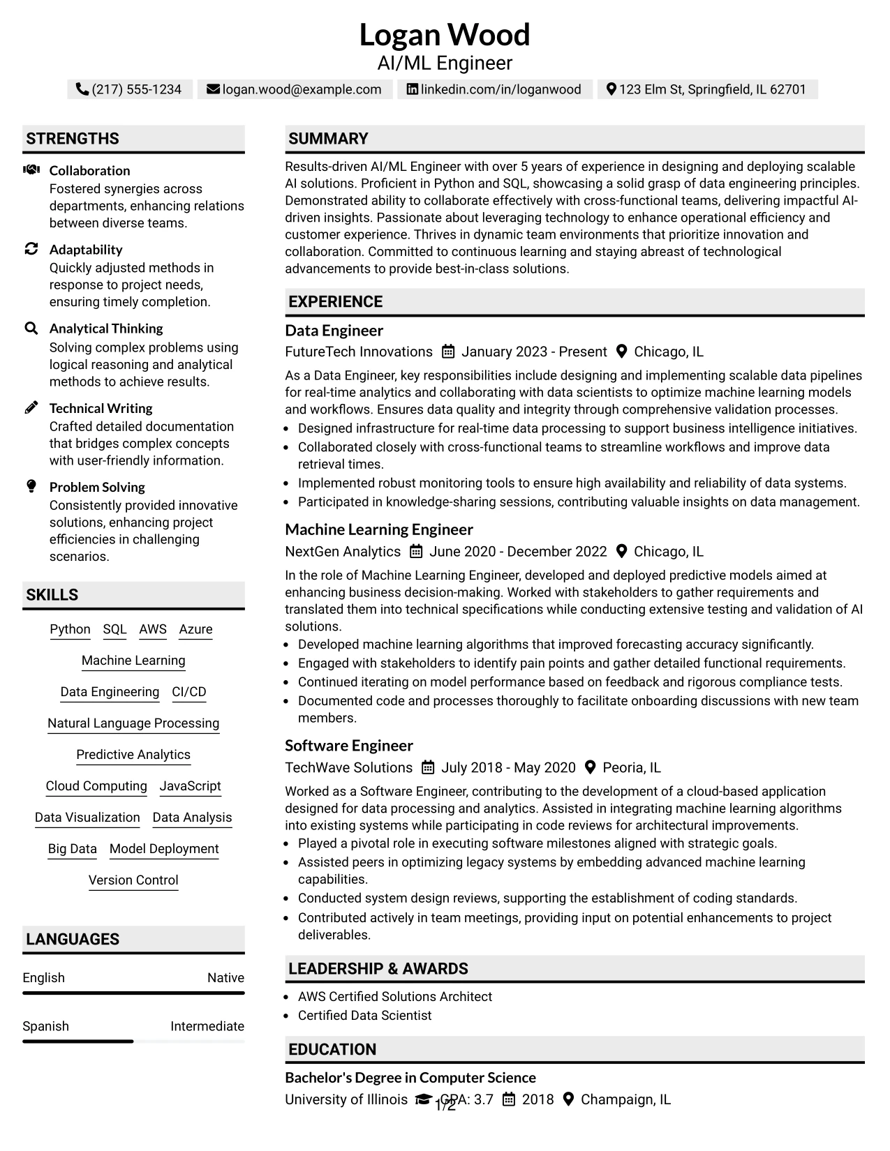 Resume Example Page 1