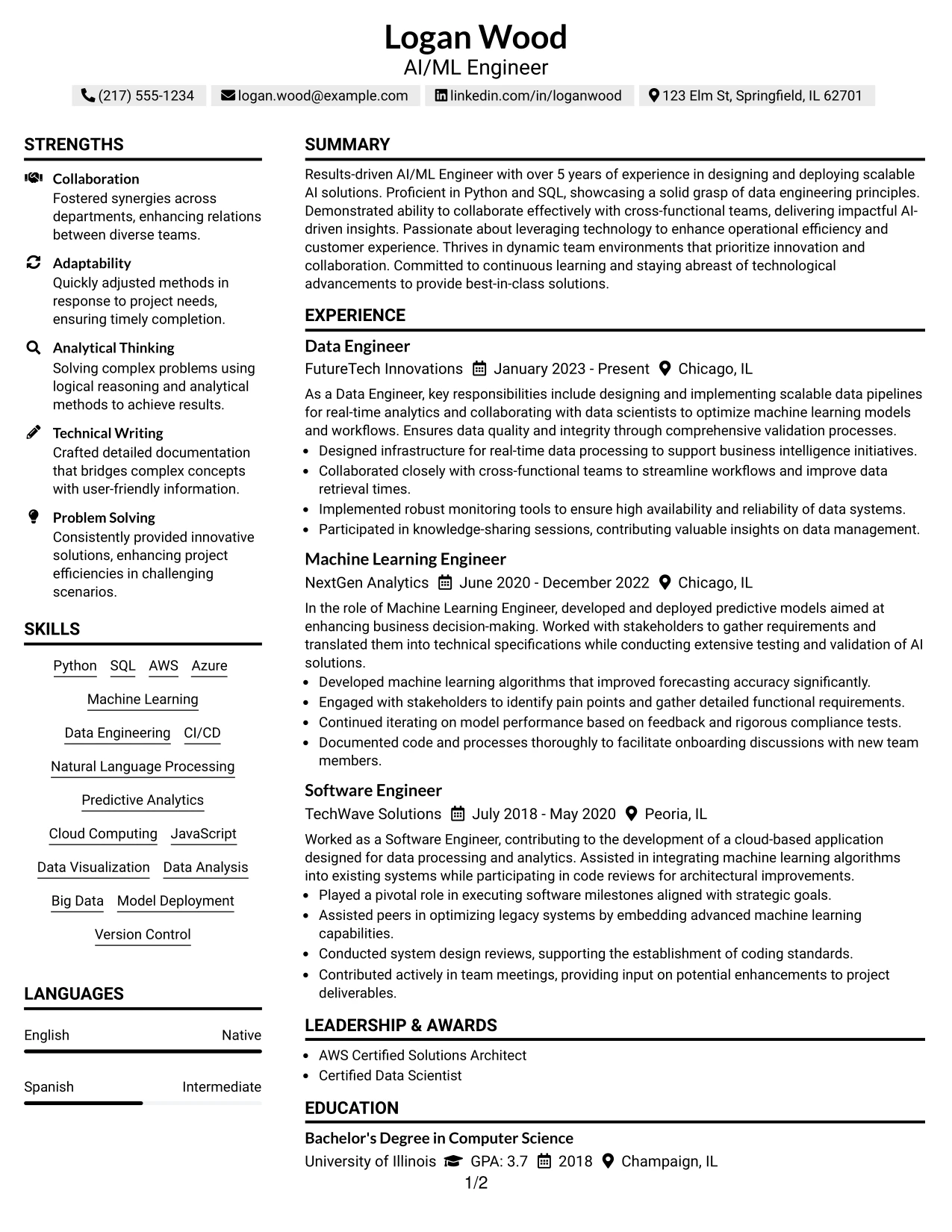 Resume Example Page 1