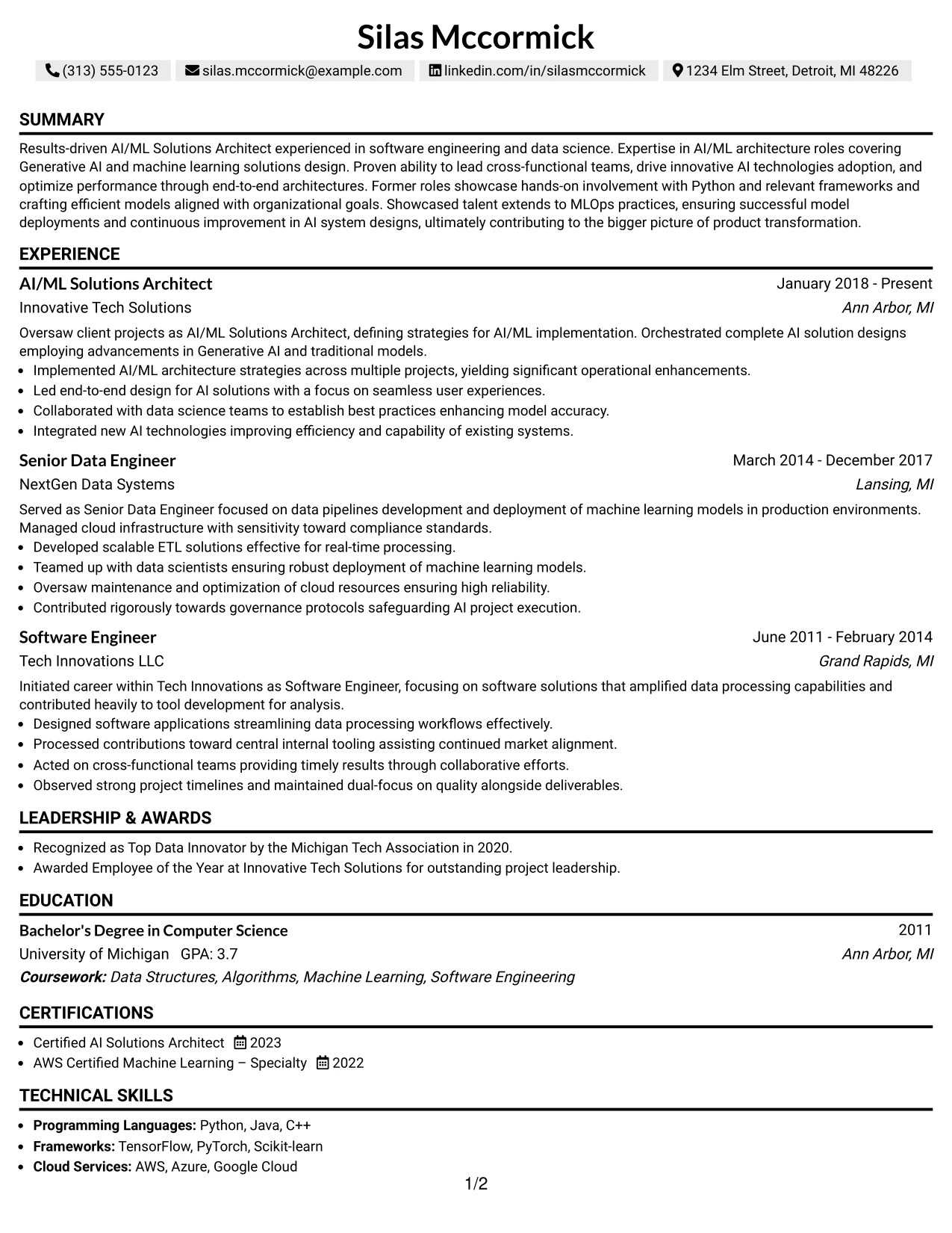 Resume Example Page 1