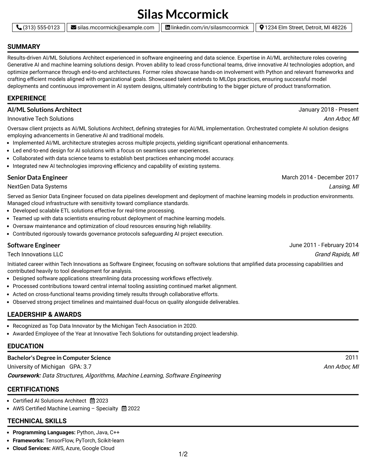 Resume Example Page 1