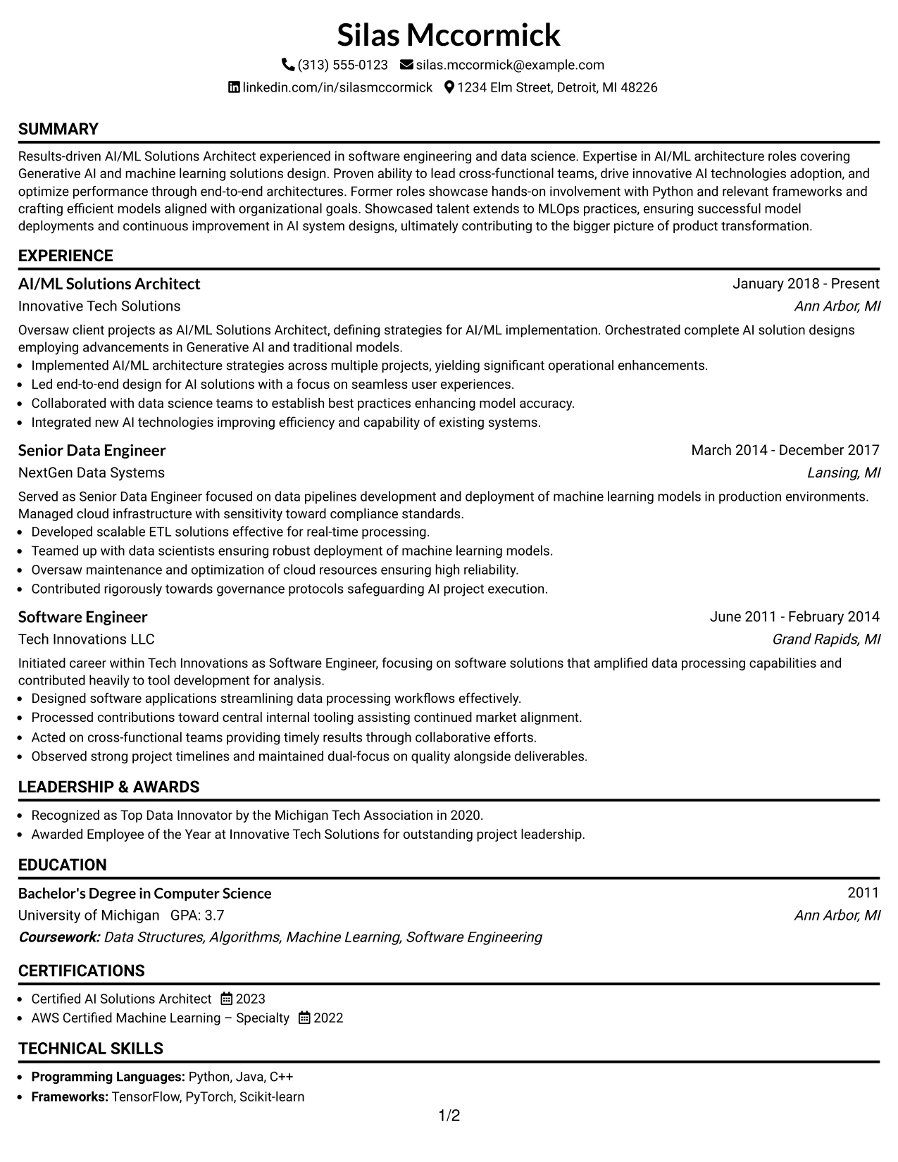 Resume Example Page 1