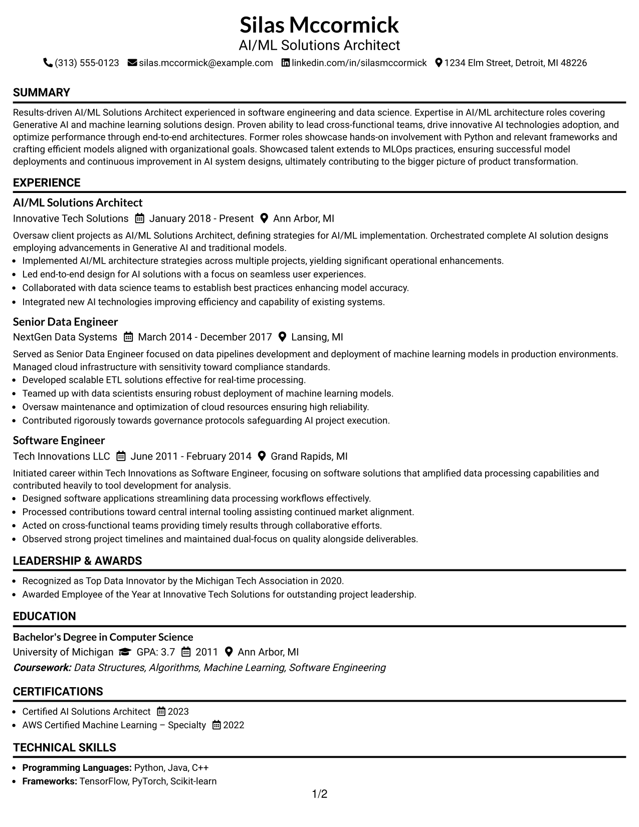 Resume Example Page 1