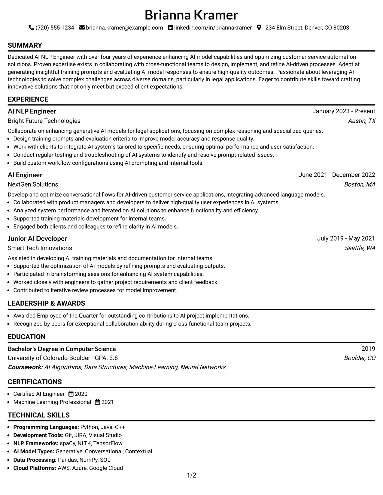 Resume Example Page 1