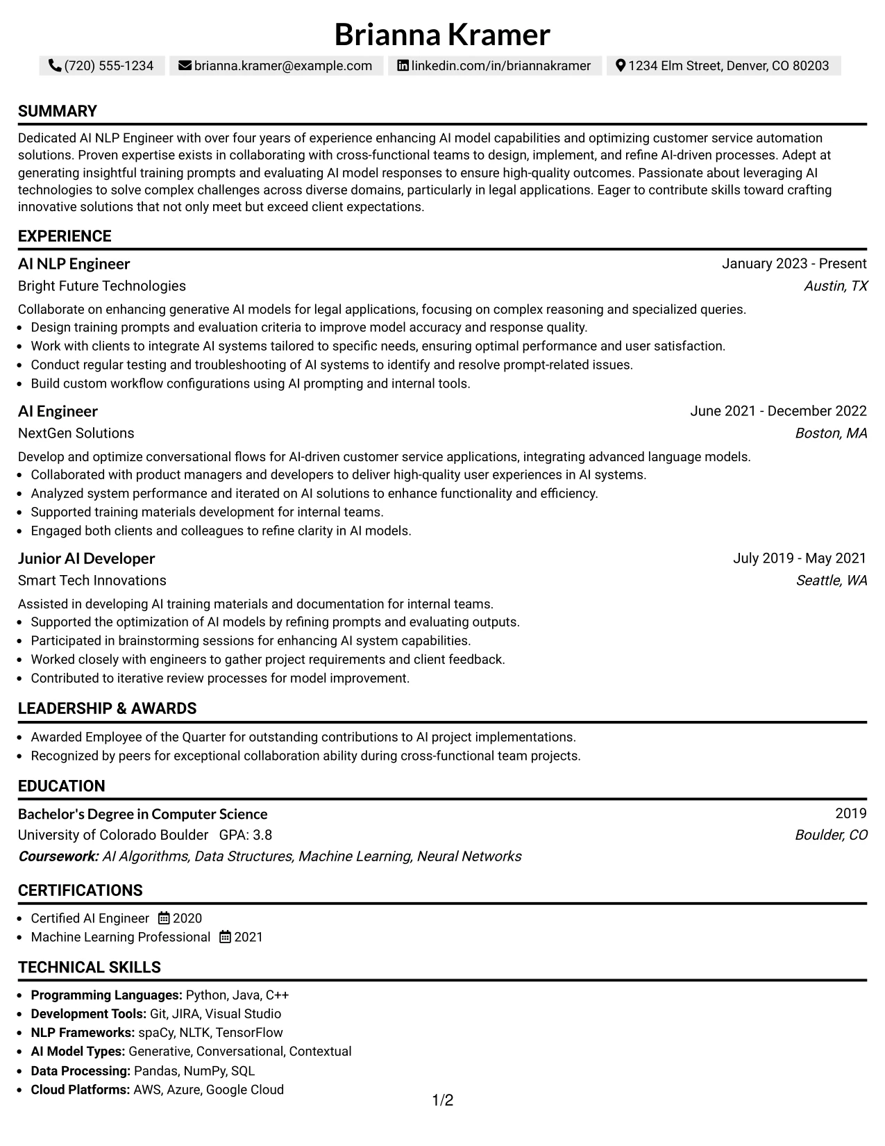 Resume Example Page 1