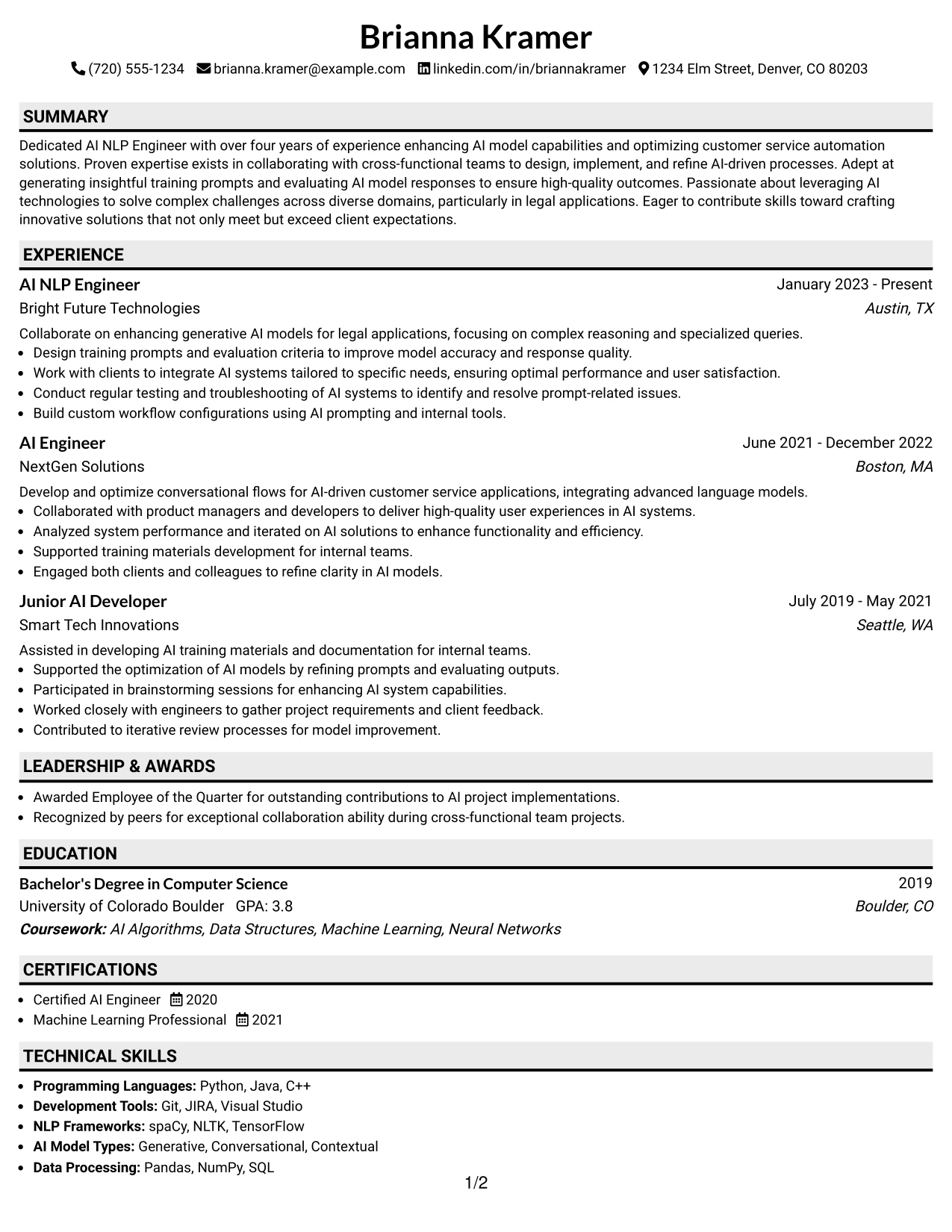 Resume Example Page 1